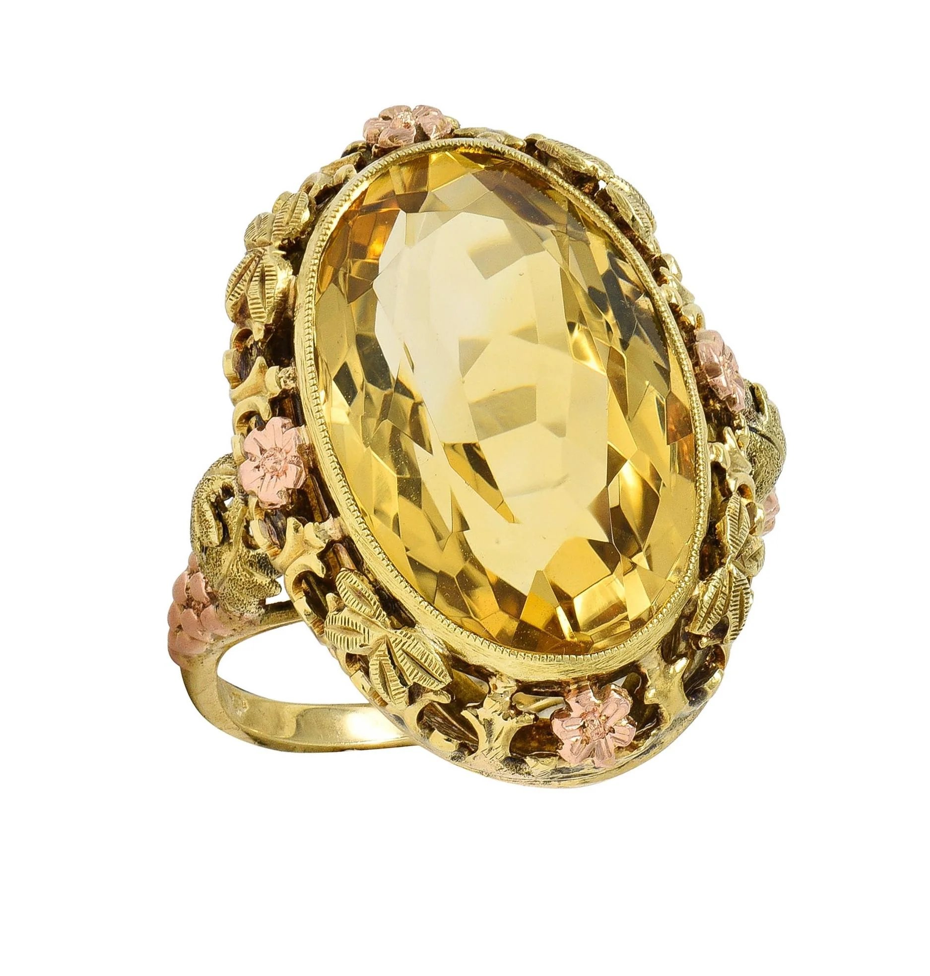 Art Deco 11.55 Citrine 14 Karat Two-Tone Gold Antique Grapevine Cocktail Ring - Image 7