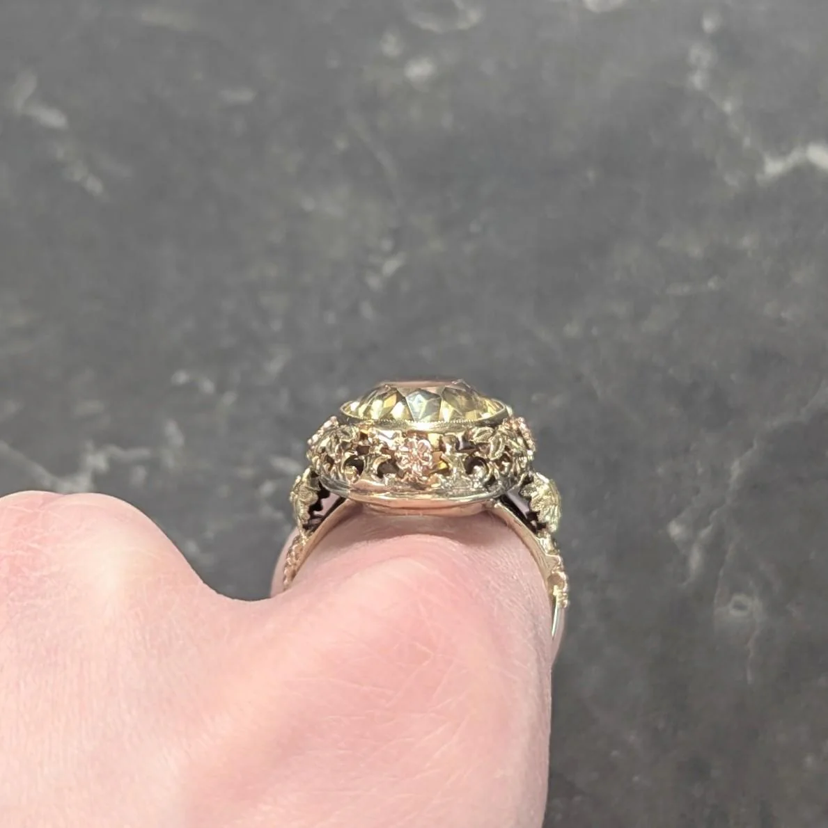 Art Deco 11.55 Citrine 14 Karat Two-Tone Gold Antique Grapevine Cocktail Ring - Image 9