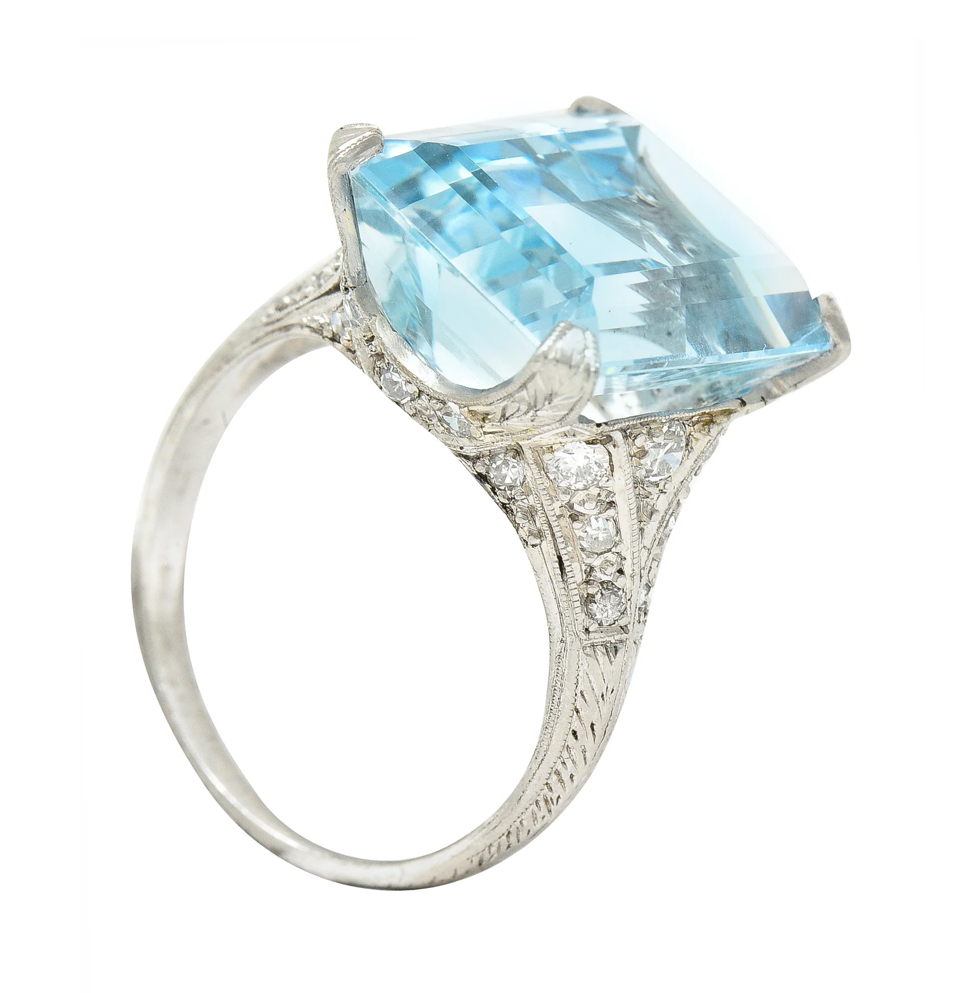 Art Deco 13.08 CTW Emerald Cut Aquamarine Diamond Platinum Vintage Cocktail Ring - Image 11