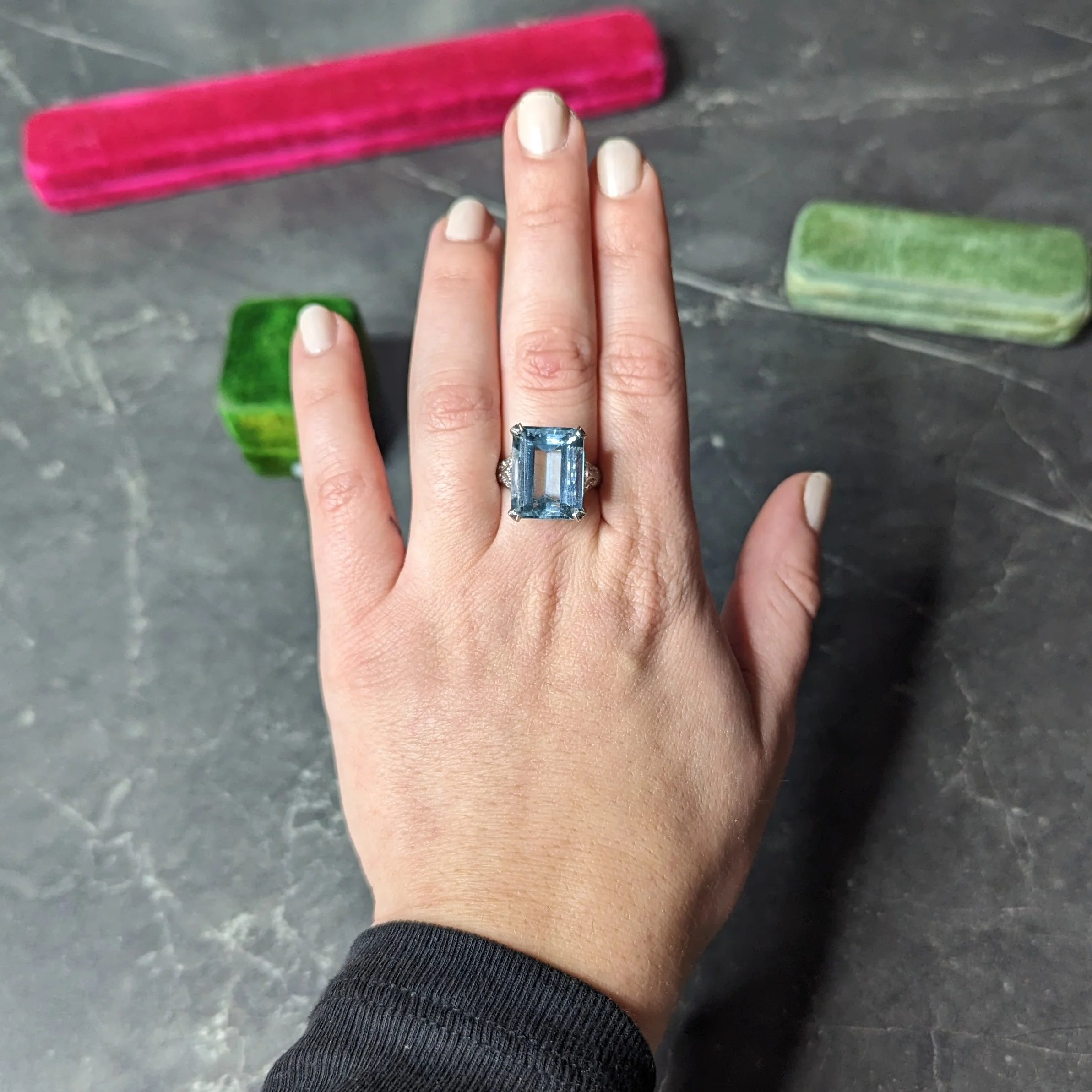 Art Deco 13.08 CTW Emerald Cut Aquamarine Diamond Platinum Vintage Cocktail Ring - Image 12
