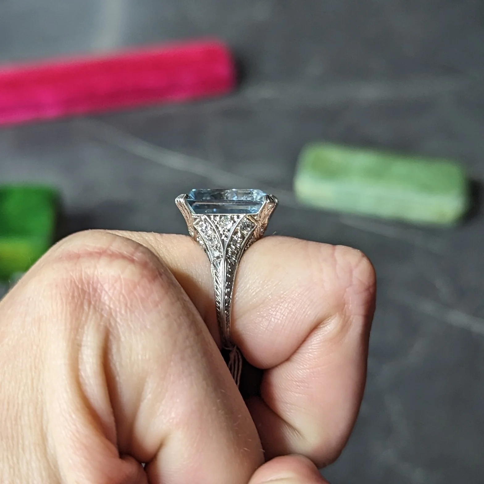 Art Deco 13.08 CTW Emerald Cut Aquamarine Diamond Platinum Vintage Cocktail Ring - Image 13