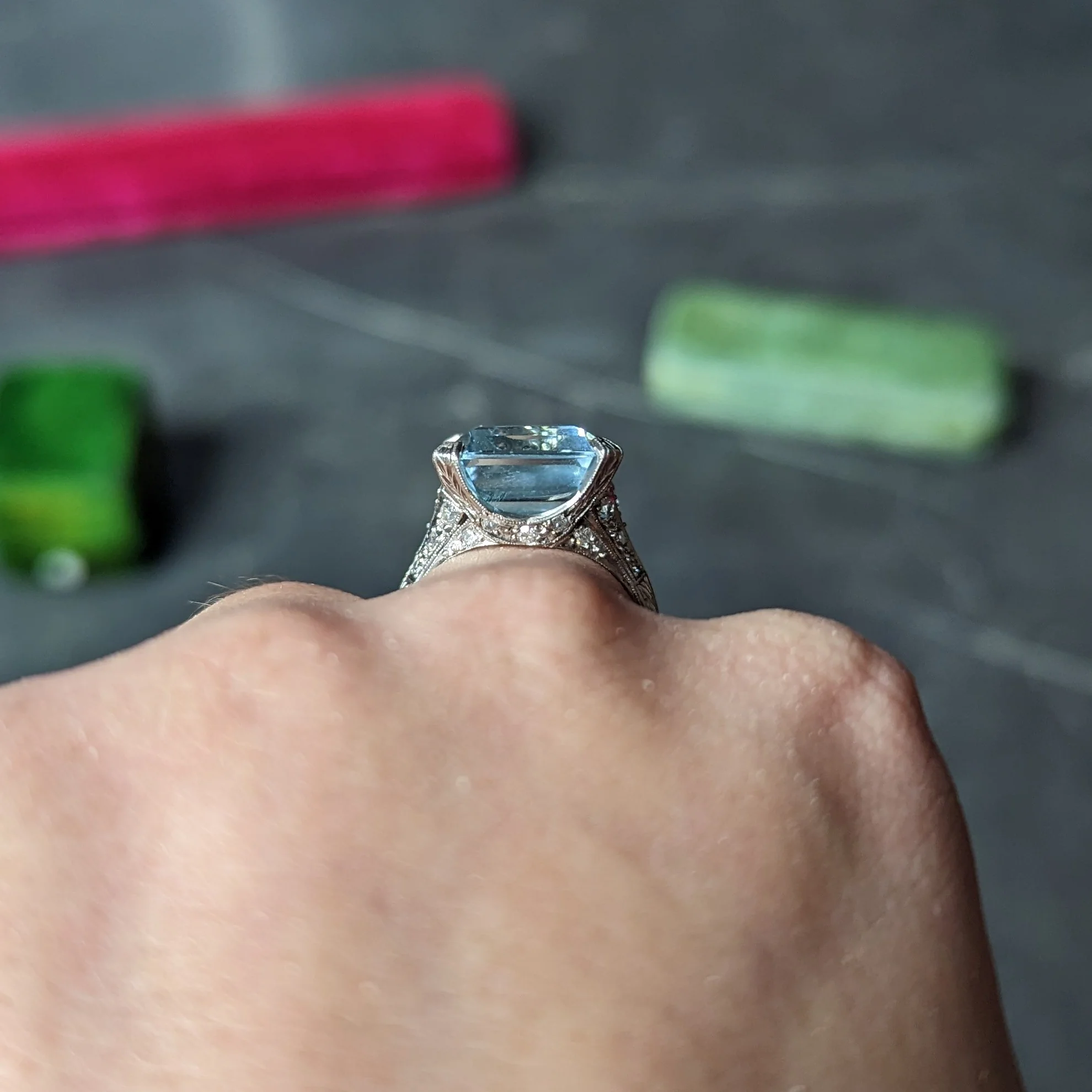 Art Deco 13.08 CTW Emerald Cut Aquamarine Diamond Platinum Vintage Cocktail Ring - Image 14