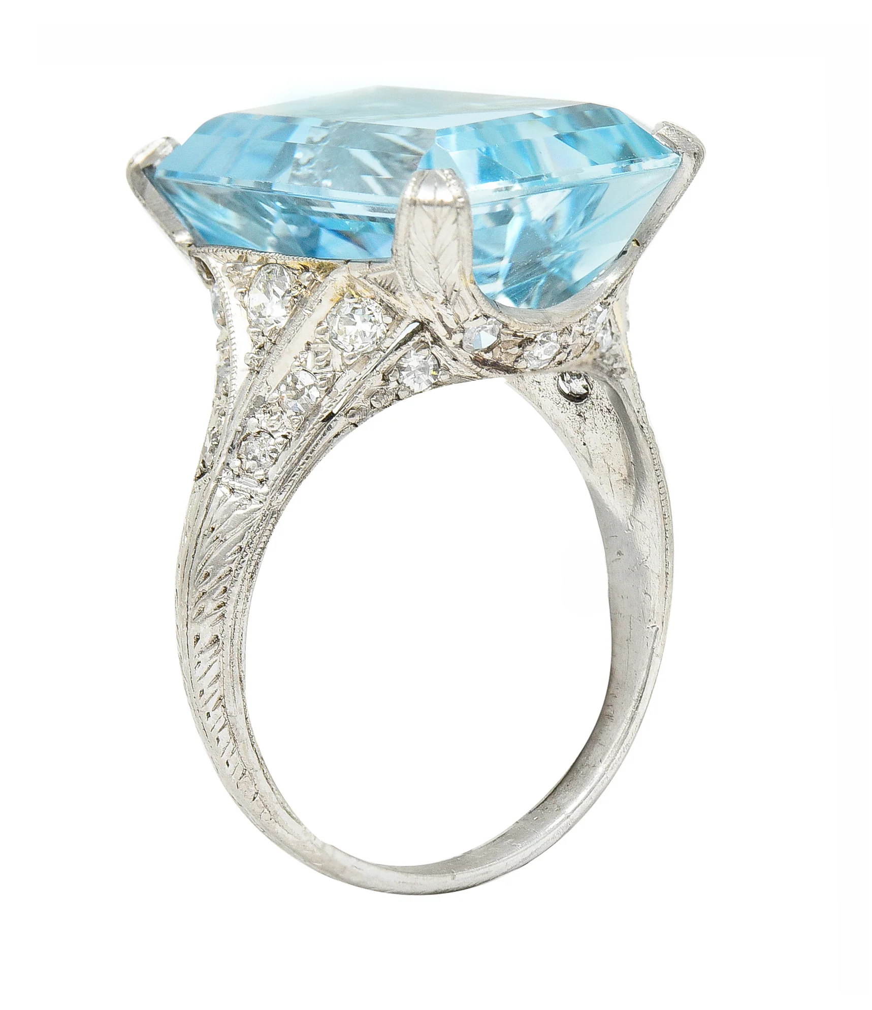 Art Deco 13.08 CTW Emerald Cut Aquamarine Diamond Platinum Vintage Cocktail Ring - Image 2