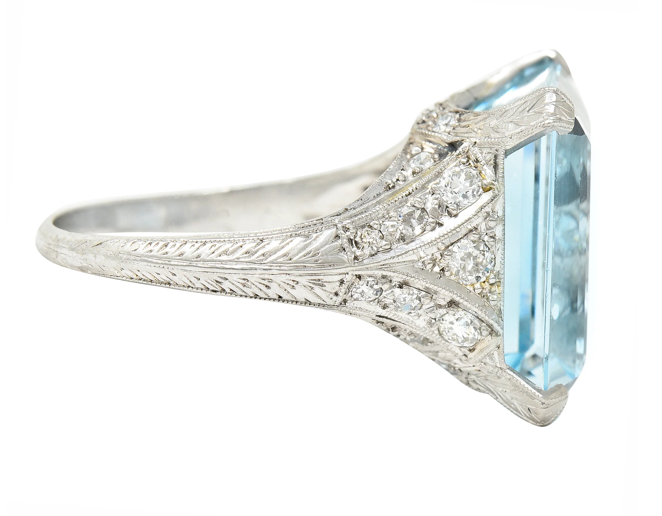 Art Deco 13.08 CTW Emerald Cut Aquamarine Diamond Platinum Vintage Cocktail Ring - Image 4