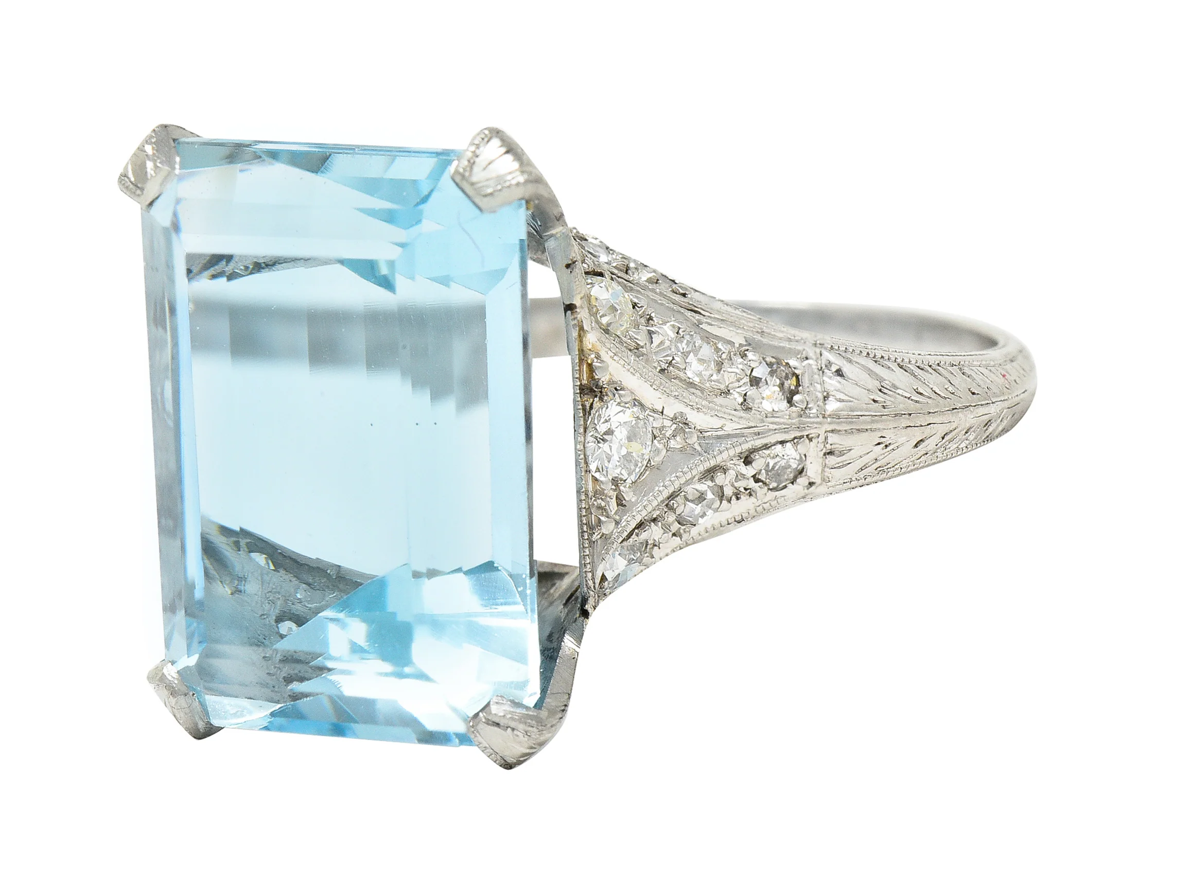 Art Deco 13.08 CTW Emerald Cut Aquamarine Diamond Platinum Vintage Cocktail Ring - Image 7