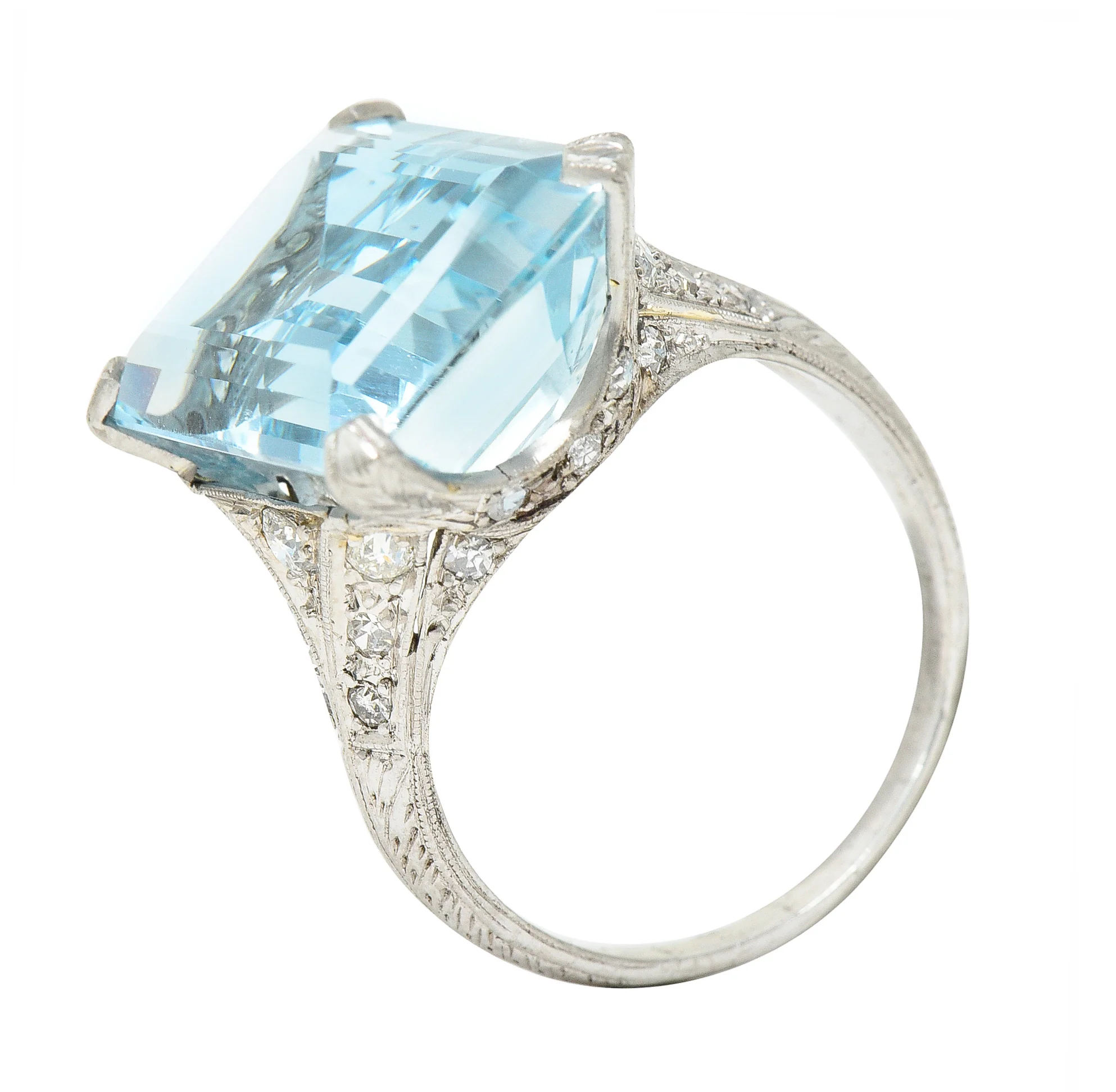 Art Deco 13.08 CTW Emerald Cut Aquamarine Diamond Platinum Vintage Cocktail Ring - Image 8