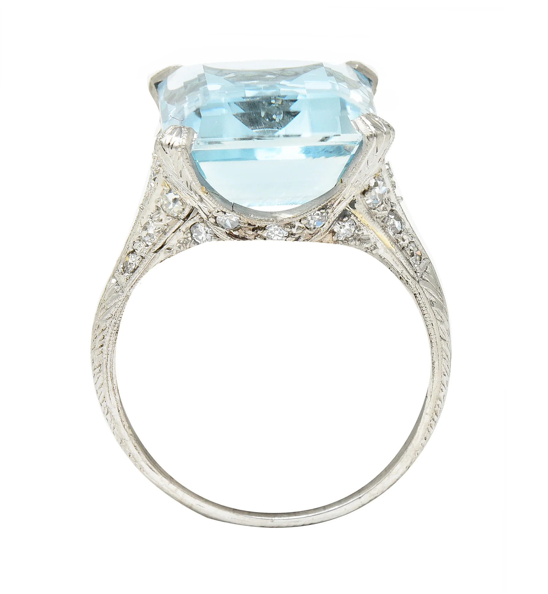 Art Deco 13.08 CTW Emerald Cut Aquamarine Diamond Platinum Vintage Cocktail Ring - Image 9