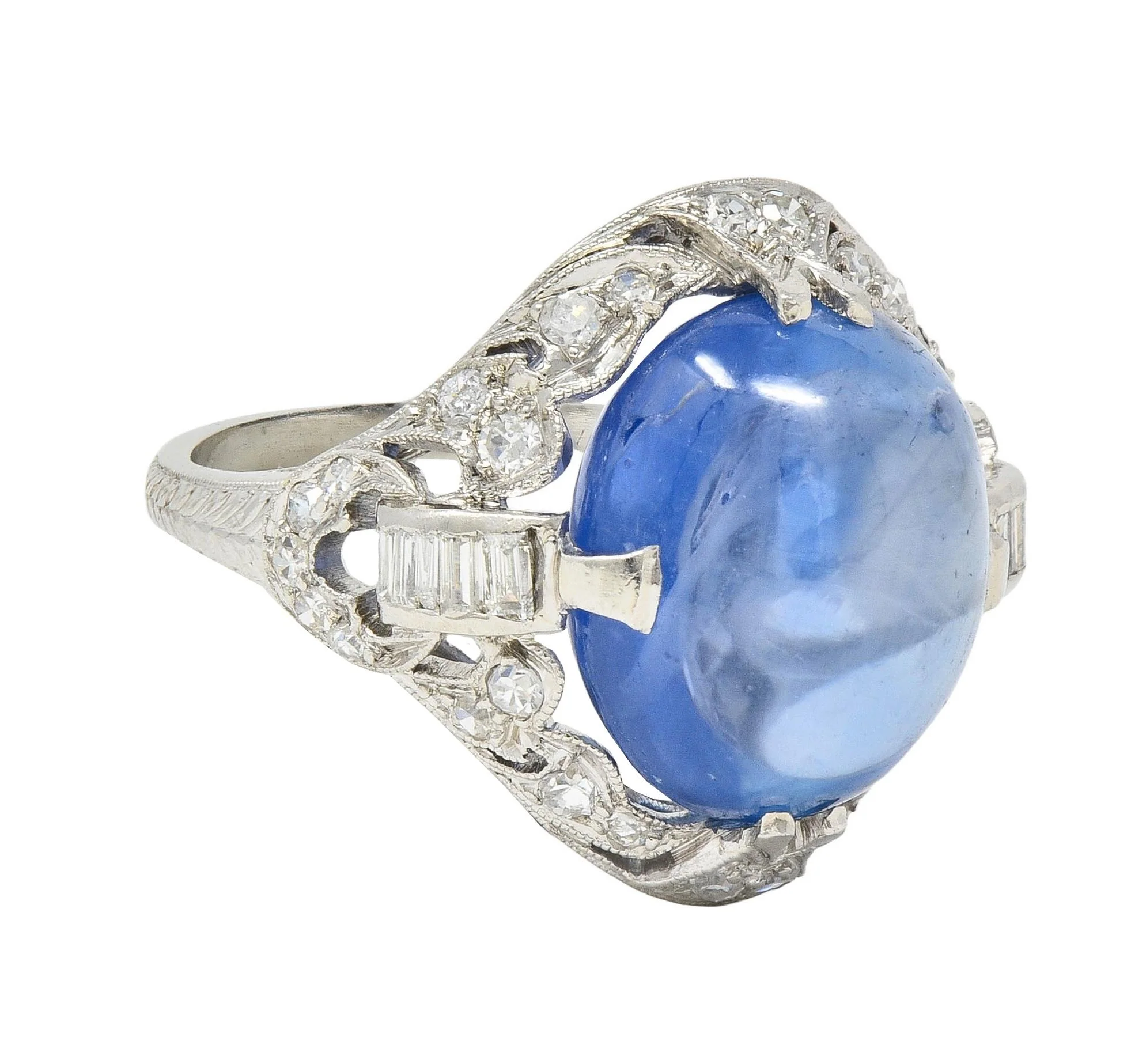Art Deco 14.90 CTW Ceylon Sapphire Diamond Platinum Vintage Buckle Dinner Ring - Image 2