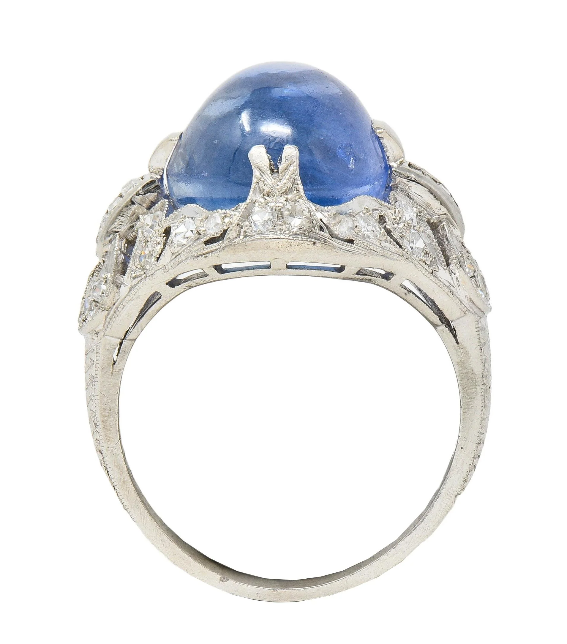 Art Deco 14.90 CTW Ceylon Sapphire Diamond Platinum Vintage Buckle Dinner Ring - Image 3