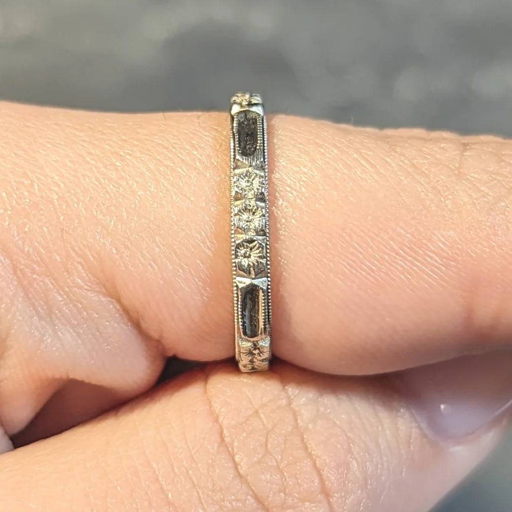 Art Deco 14 Karat White Gold Orange Blossom Vintage Wedding Band Ring - Image 11