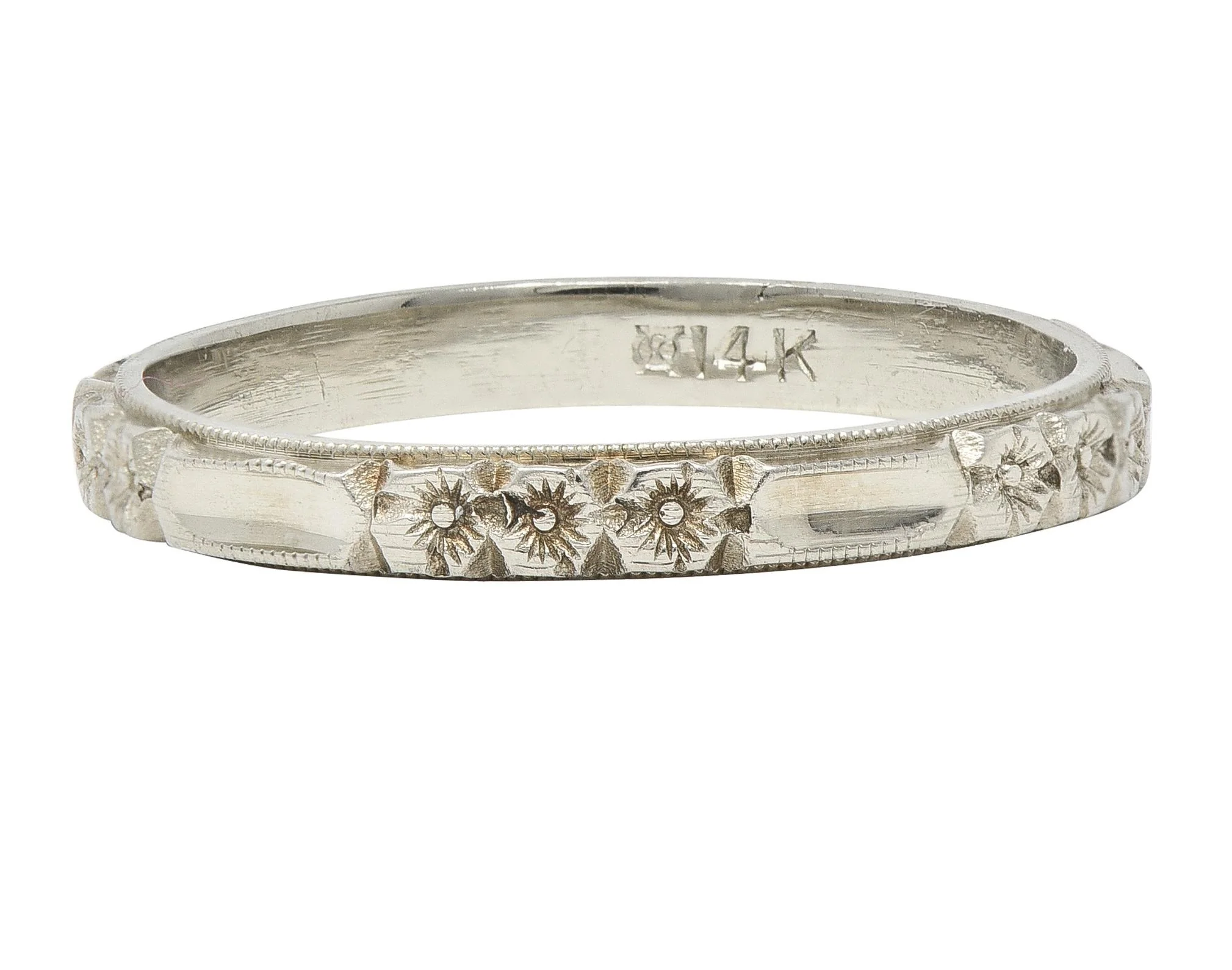 Art Deco 14 Karat White Gold Orange Blossom Vintage Wedding Band Ring - Image 5