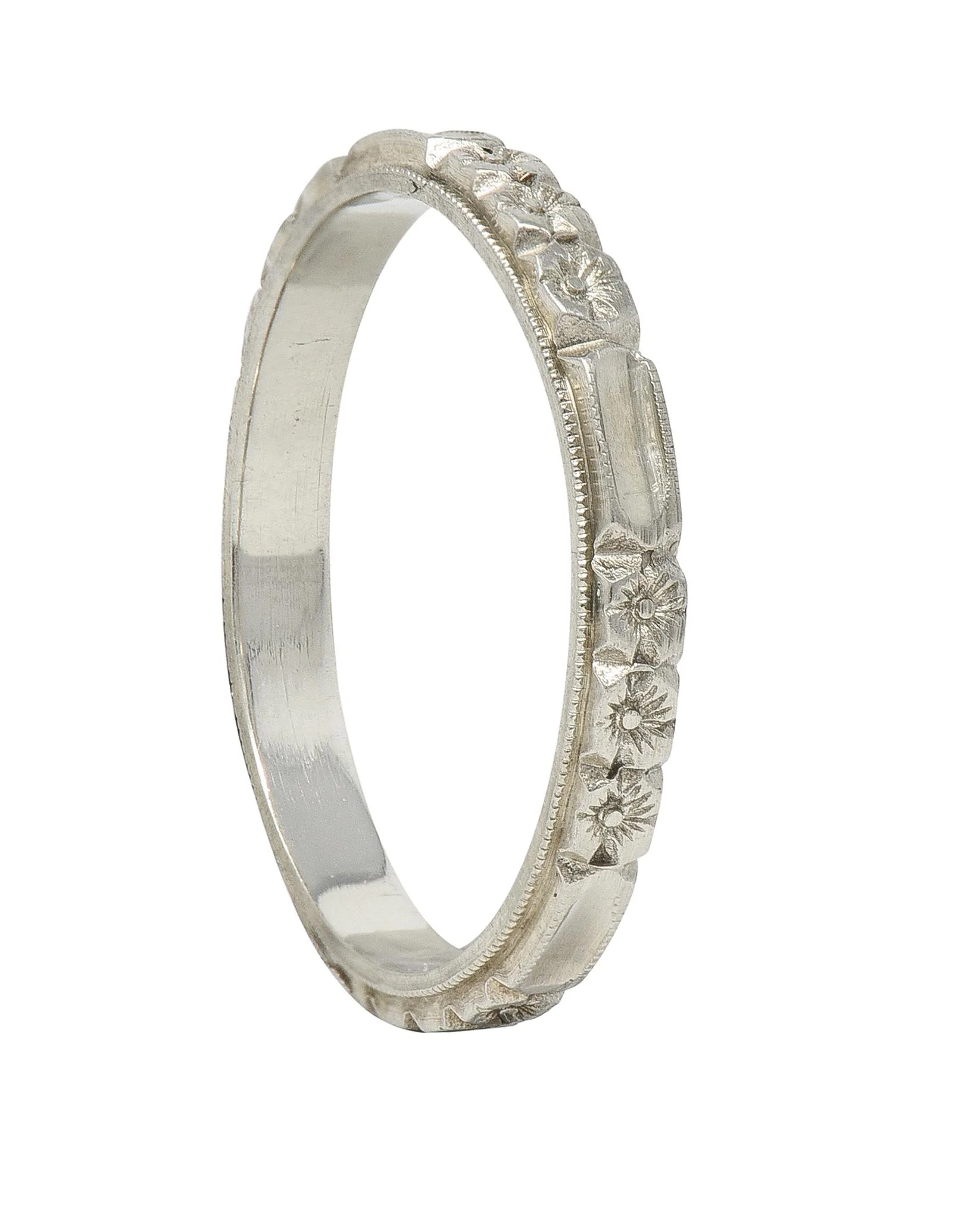 Art Deco 14 Karat White Gold Orange Blossom Vintage Wedding Band Ring - Image 8