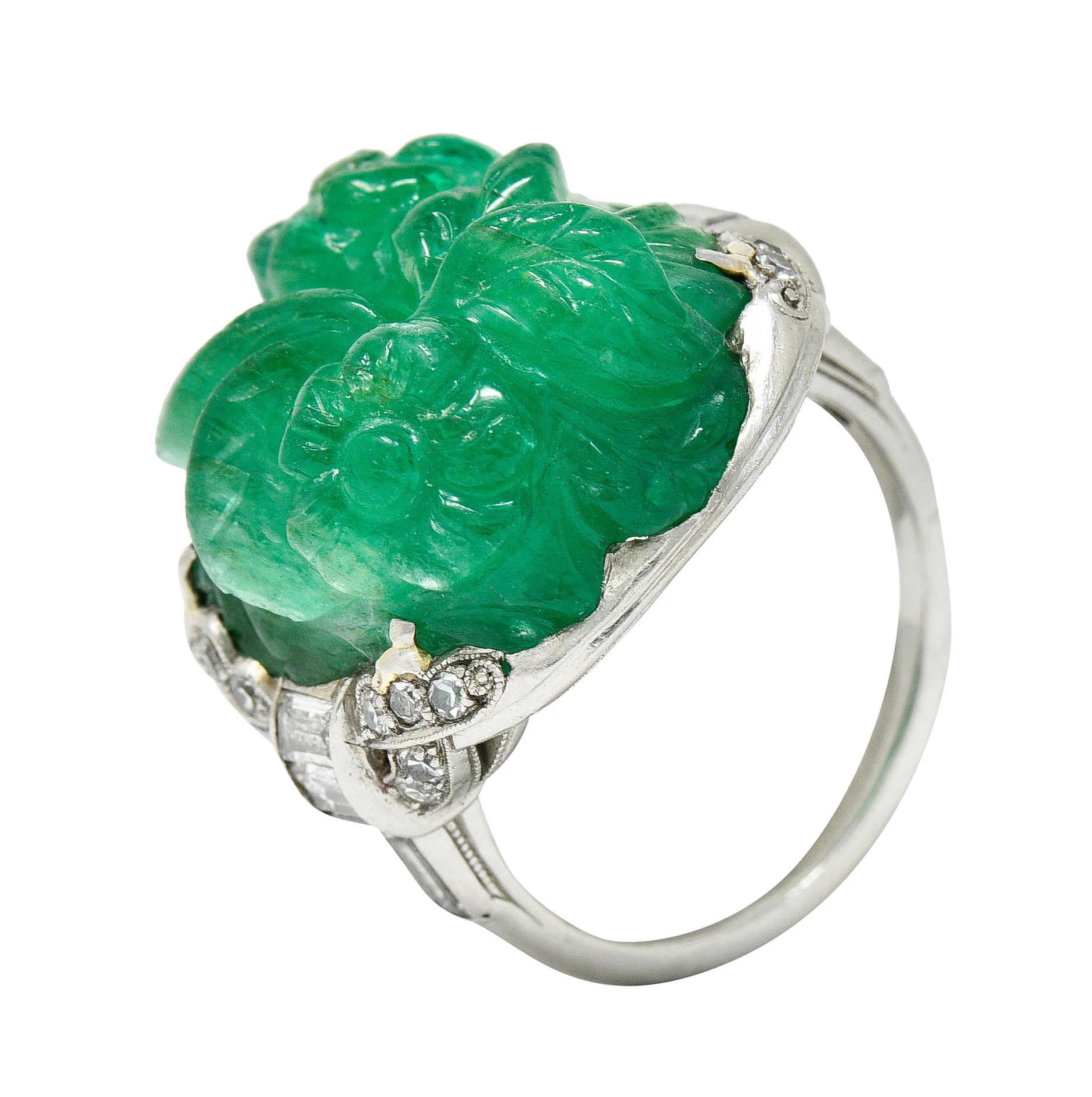 Art Deco 15.60 CTW Carved Colombian Emerald Diamond Platinum Floral Vintage Ring - Image 11