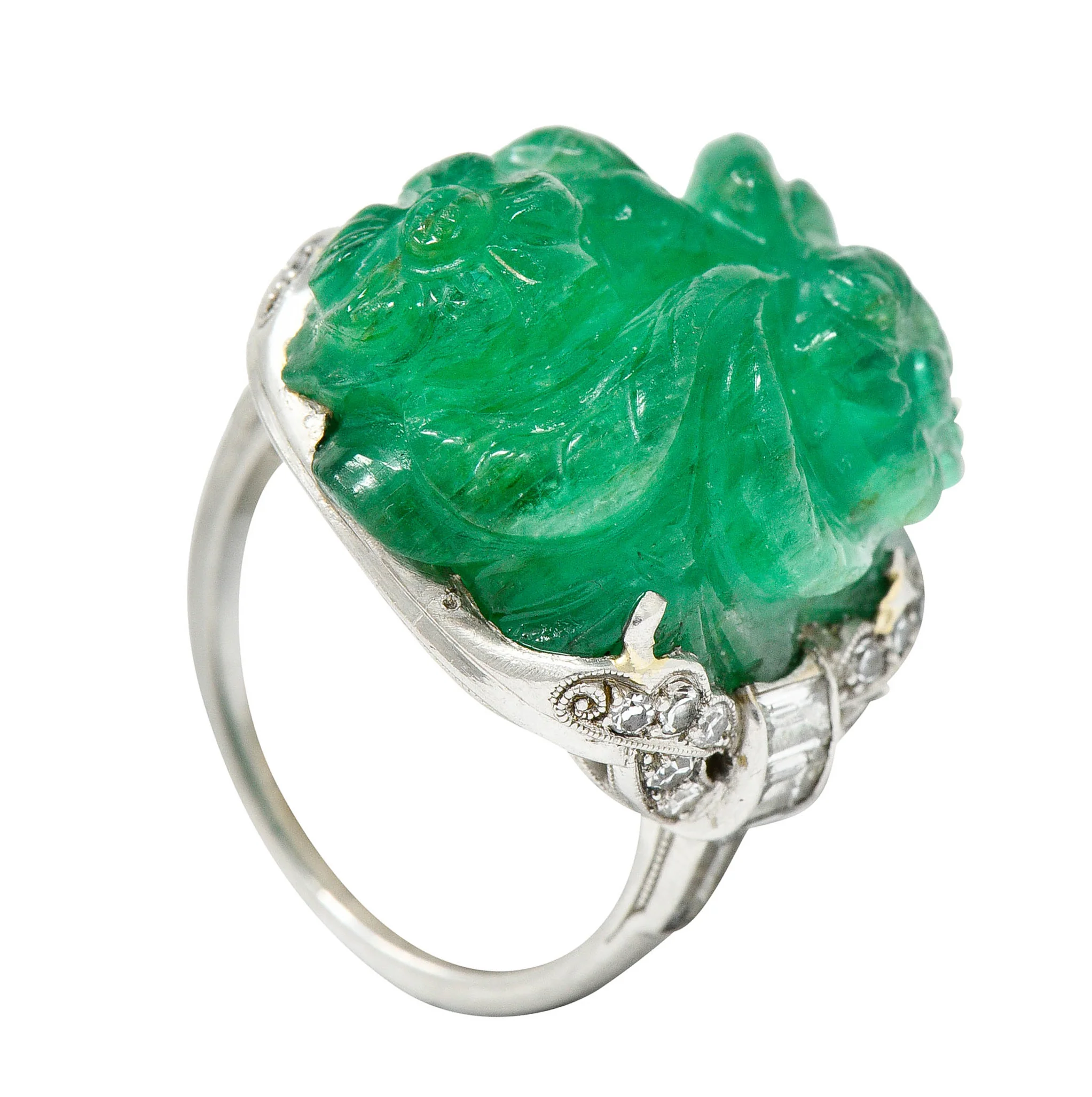 Art Deco 15.60 CTW Carved Colombian Emerald Diamond Platinum Floral Vintage Ring - Image 12