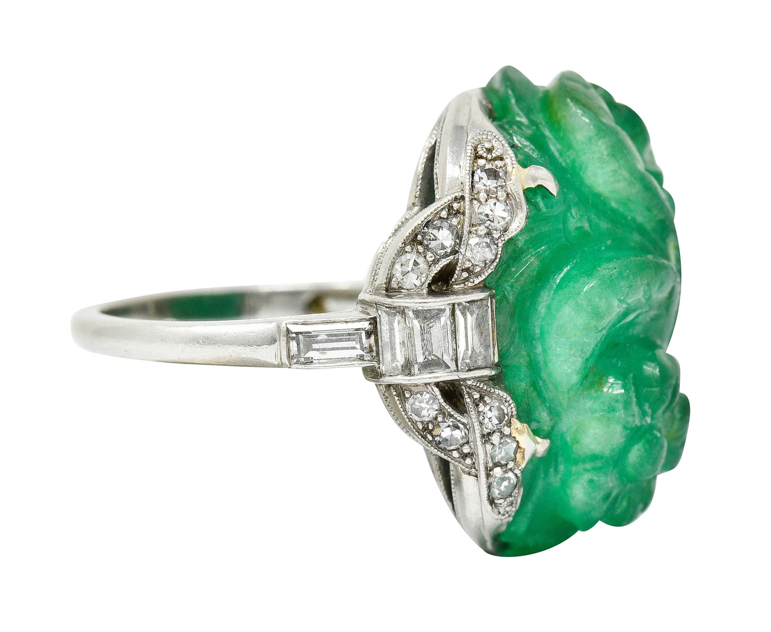Art Deco 15.60 CTW Carved Colombian Emerald Diamond Platinum Floral Vintage Ring - Image 5