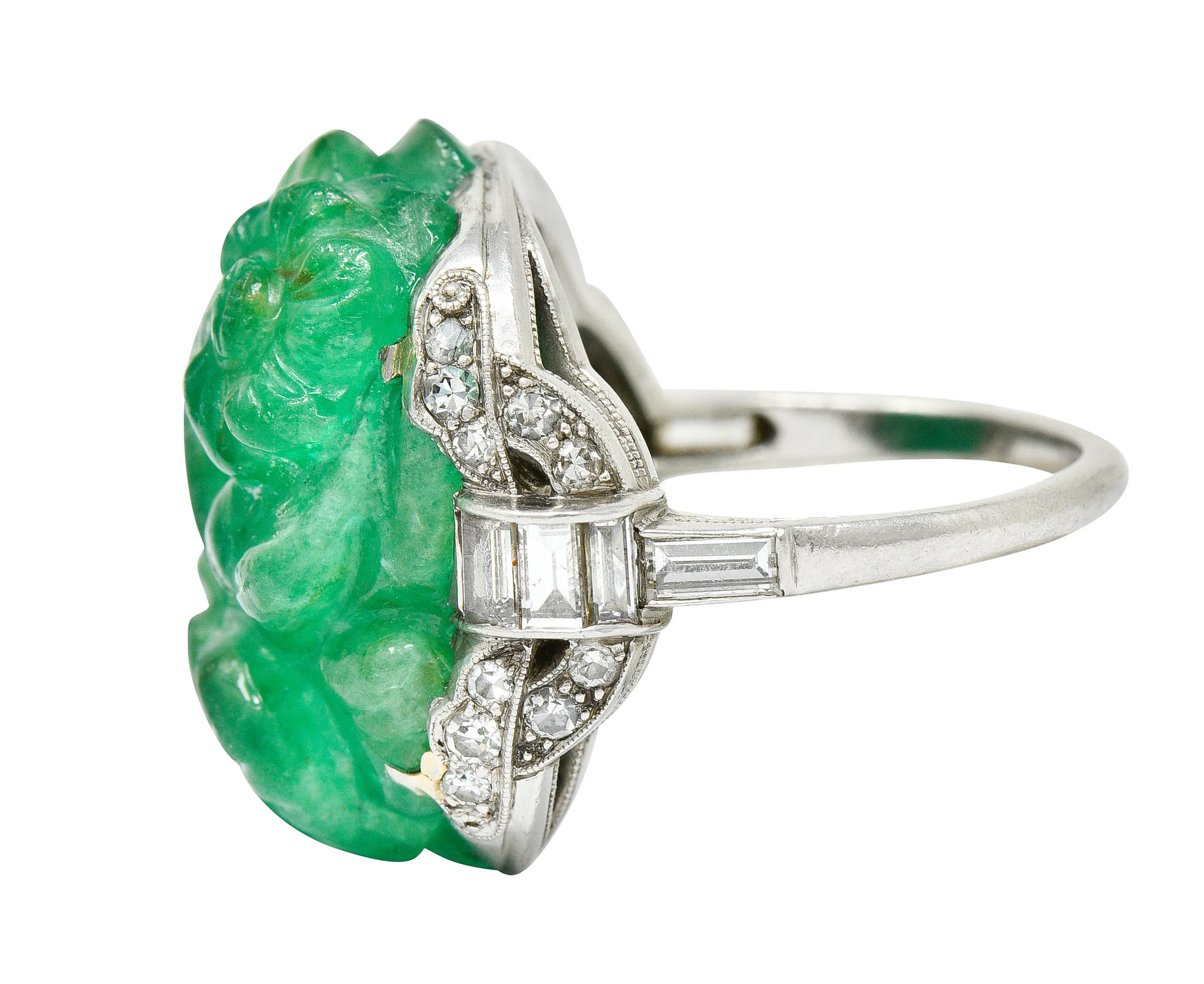 Art Deco 15.60 CTW Carved Colombian Emerald Diamond Platinum Floral Vintage Ring - Image 7