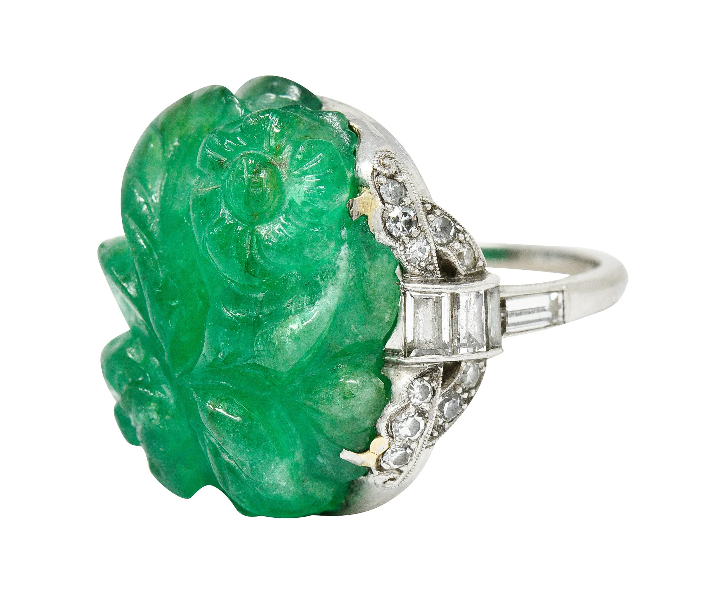 Art Deco 15.60 CTW Carved Colombian Emerald Diamond Platinum Floral Vintage Ring - Image 8
