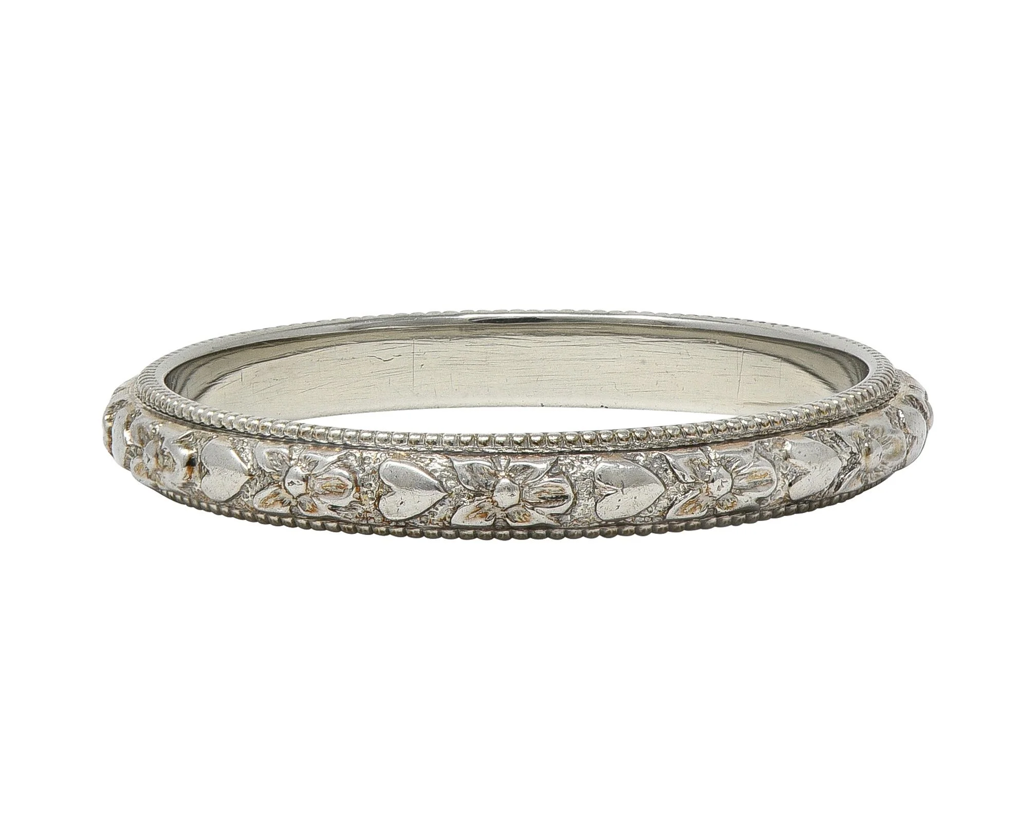 Art Deco 18 Karat White Gold Antique Vintage Orange Blossom Heart Wedding Band Ring - Image 4