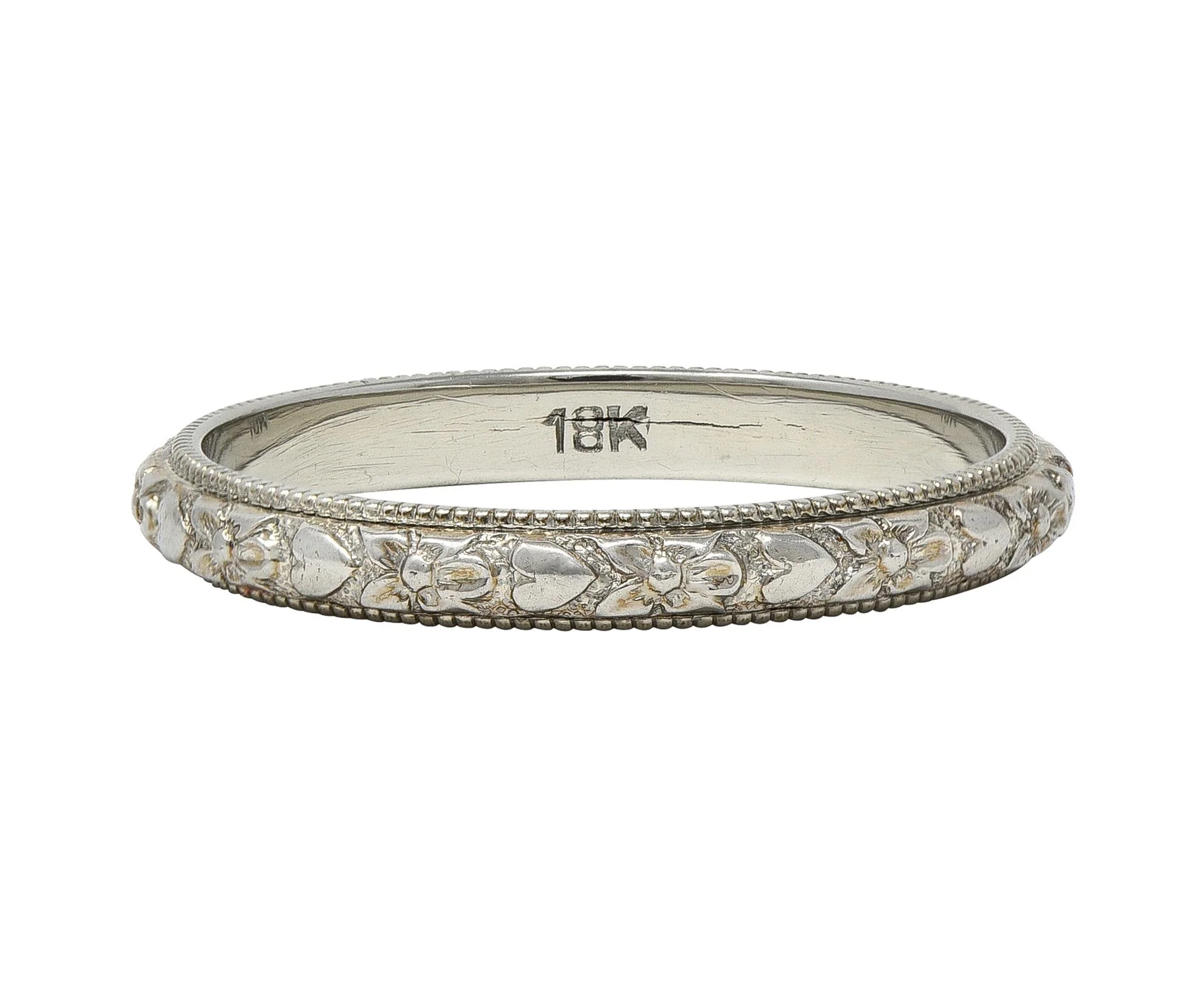 Art Deco 18 Karat White Gold Antique Vintage Orange Blossom Heart Wedding Band Ring - Image 6