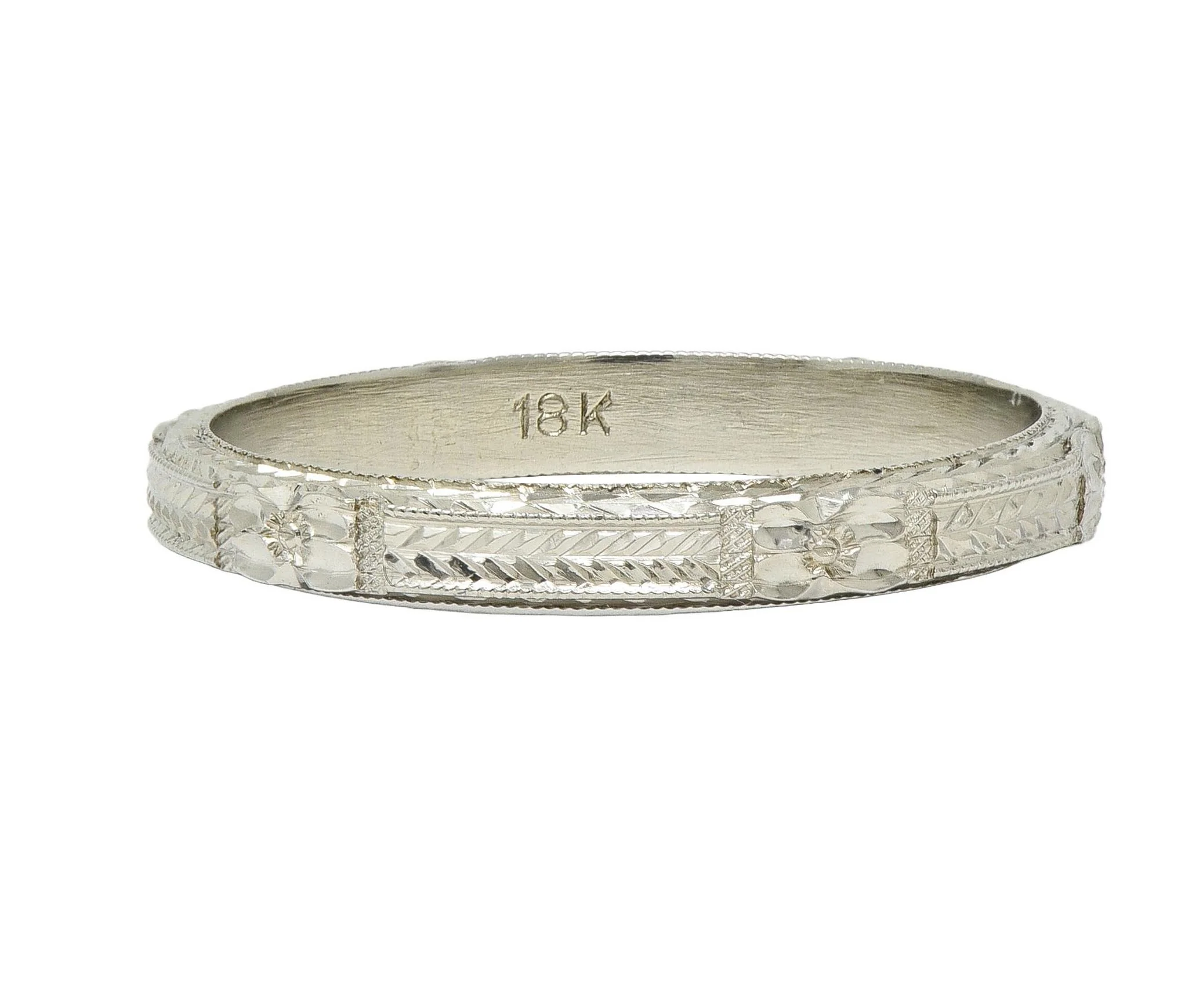 Art Deco 18 Karat White Gold Vintage Wheat Orange Blossom Wedding Band Ring - Image 3