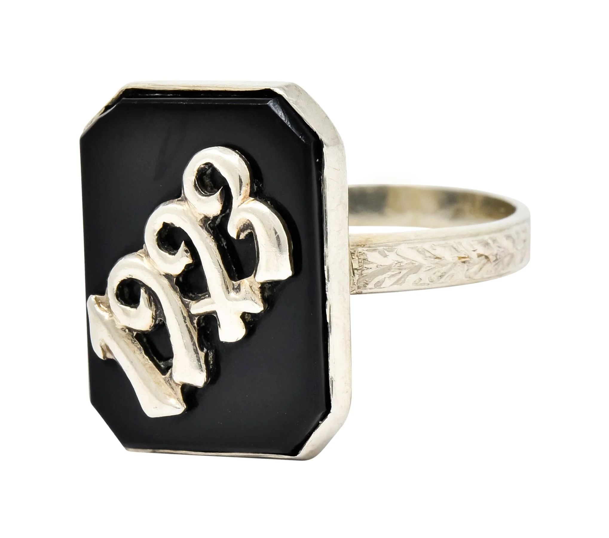 Art Deco 1923 Onyx Tablet 14 Karat White Gold Date Ring - Image 6