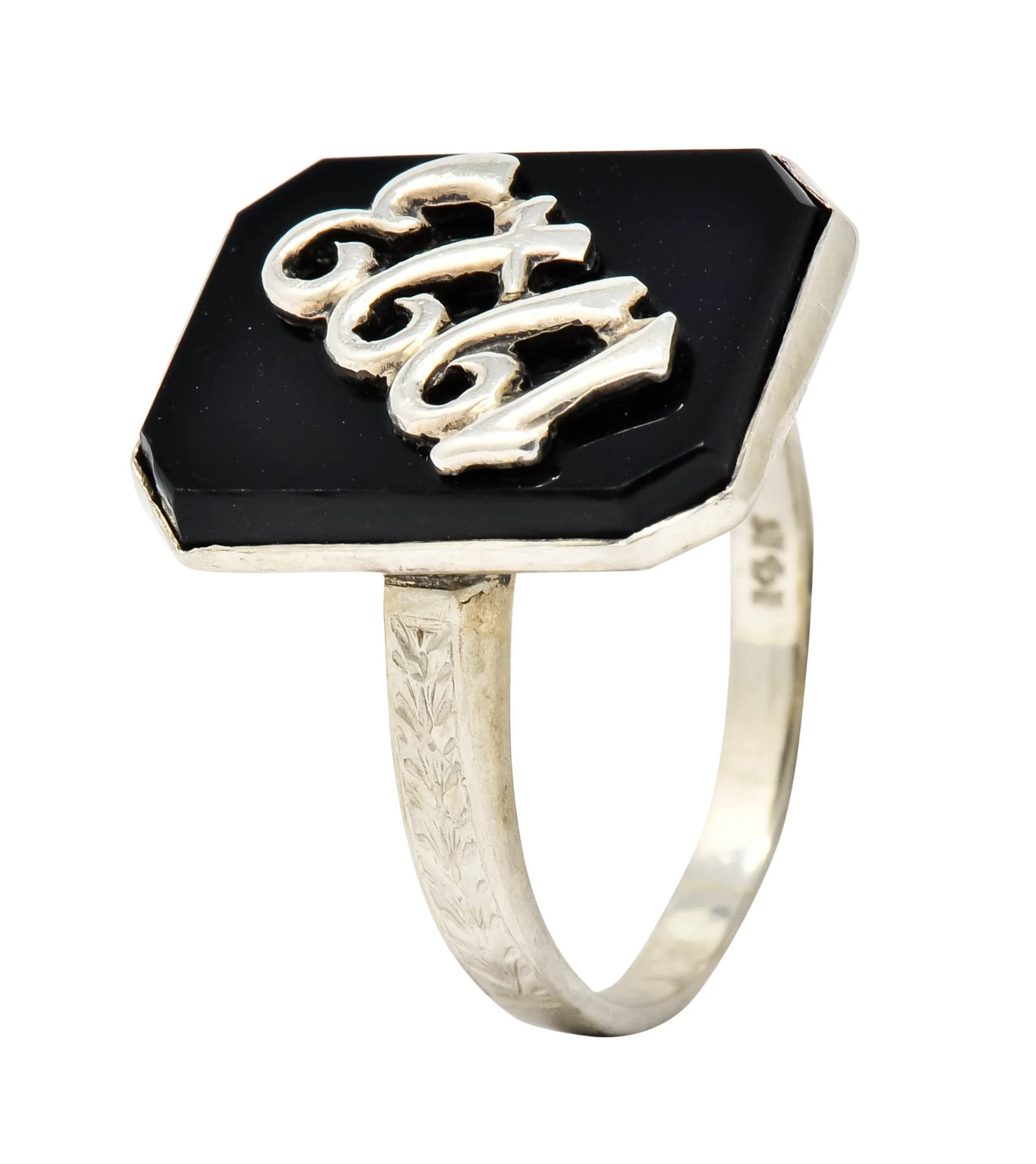 Art Deco 1923 Onyx Tablet 14 Karat White Gold Date Ring - Image 9