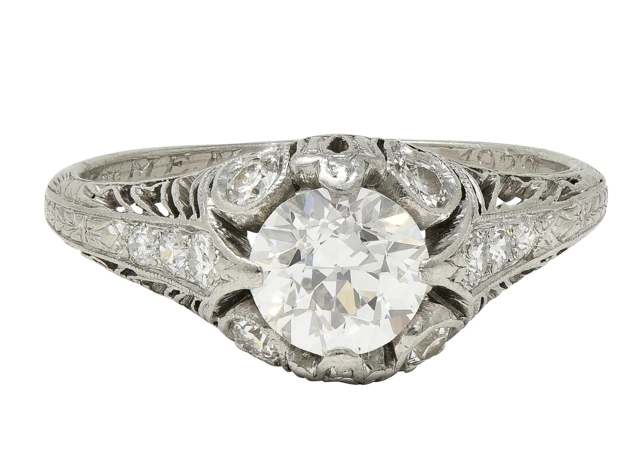 Art Deco 1929 1.00 CTW Diamond Platinum Antique Scrolling Feather Engagement Ring