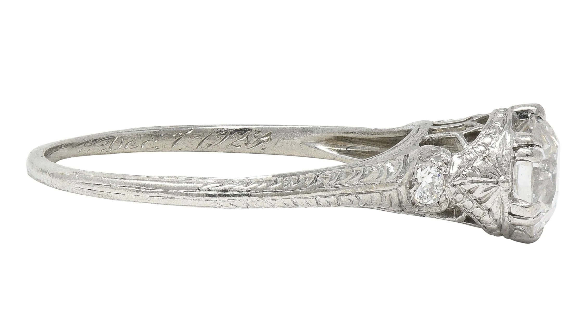 Art Deco 1929 Old European Cut Diamond Platinum Vintage Feather Engagement Ring - Image 2