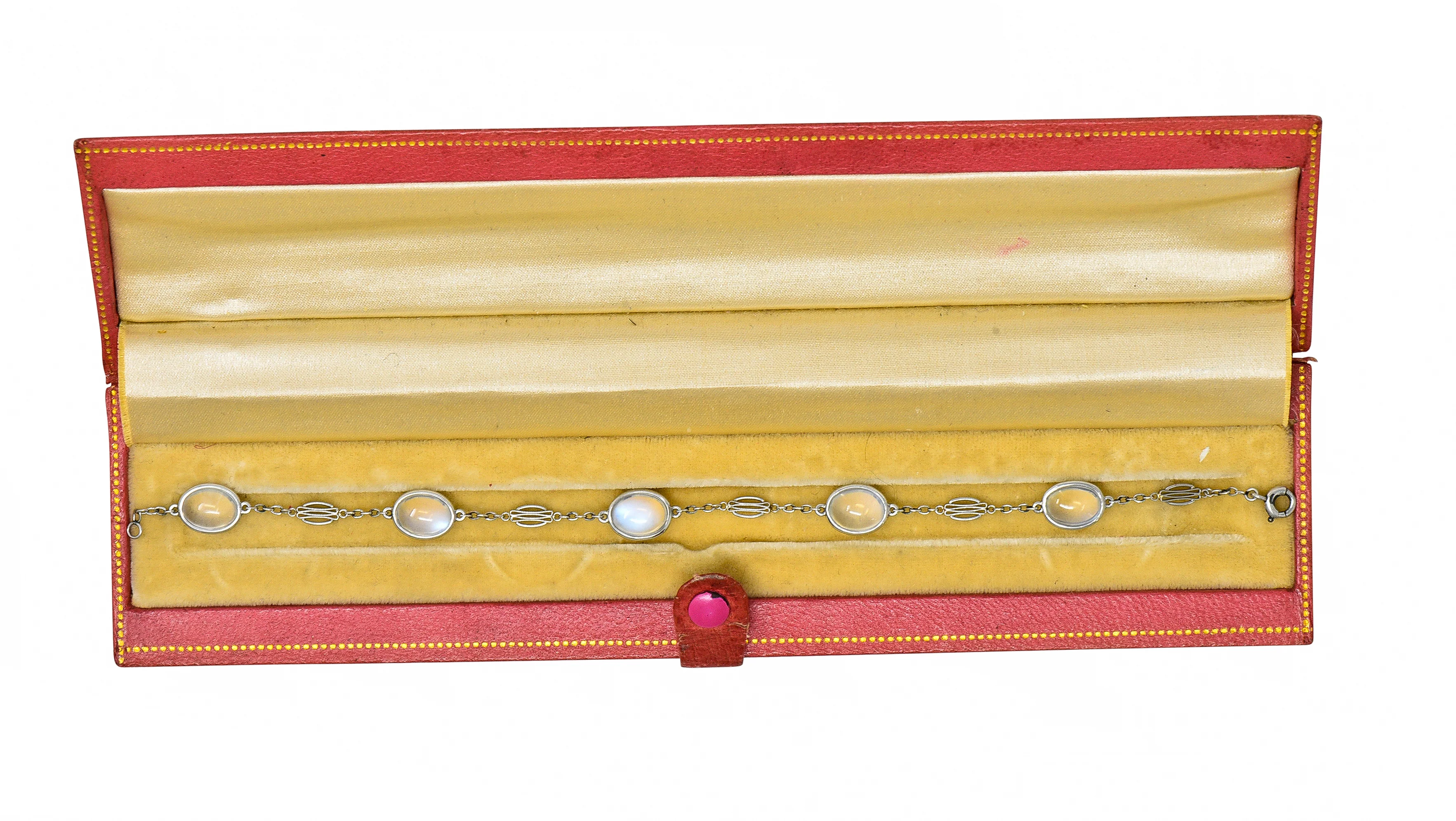 Art Deco 1930's Moonstone Cabochon Platinum Link Vintage Bracelet - Image 2