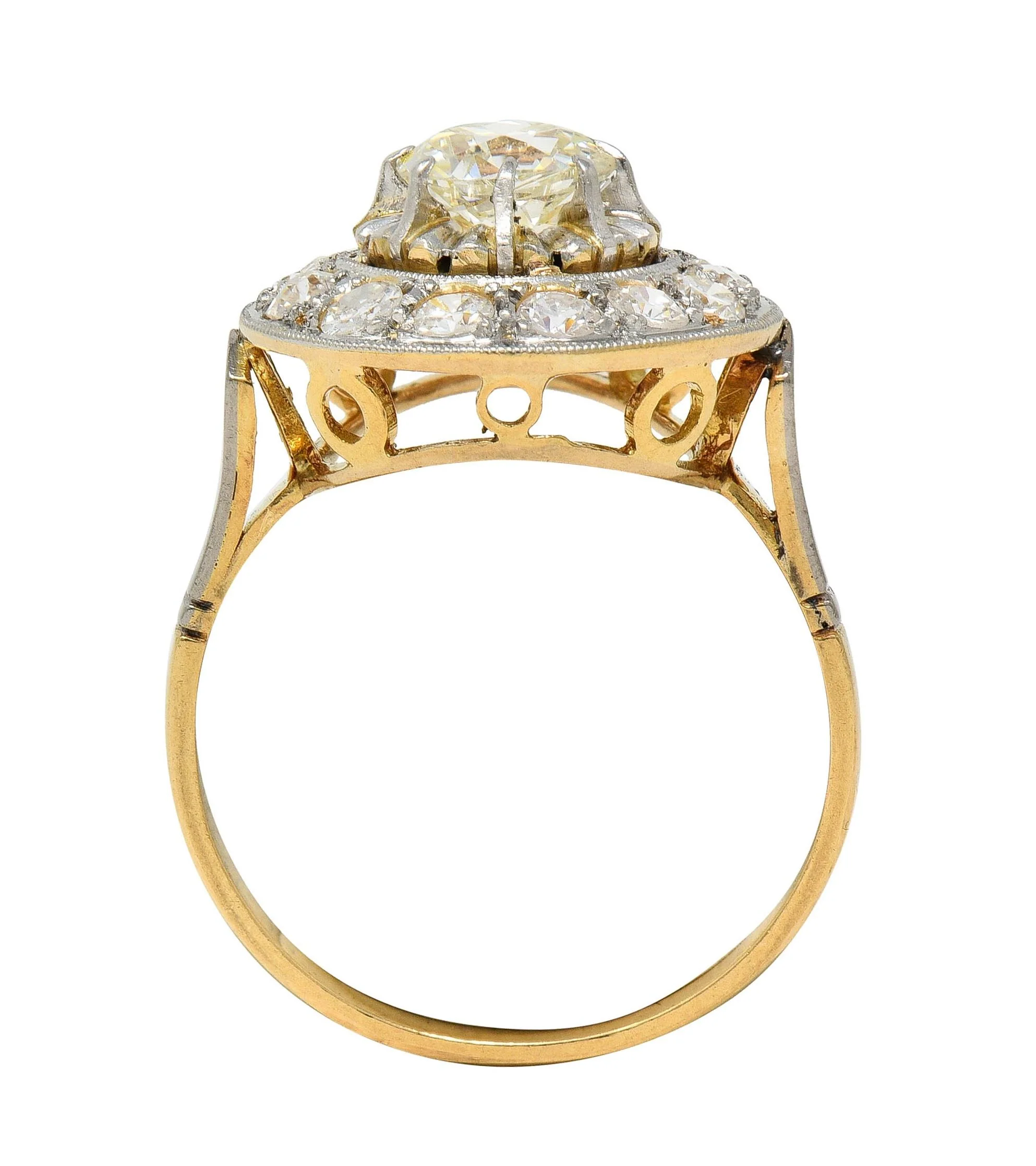 Art Deco 2.00 CTW Old Mine Cut Diamond Platinum 18 Karat Gold Vintage Halo Ring - Image 4