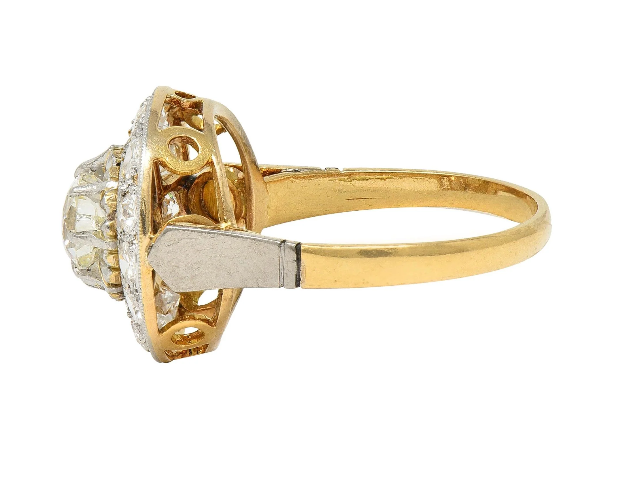 Art Deco 2.00 CTW Old Mine Cut Diamond Platinum 18 Karat Gold Vintage Halo Ring - Image 7