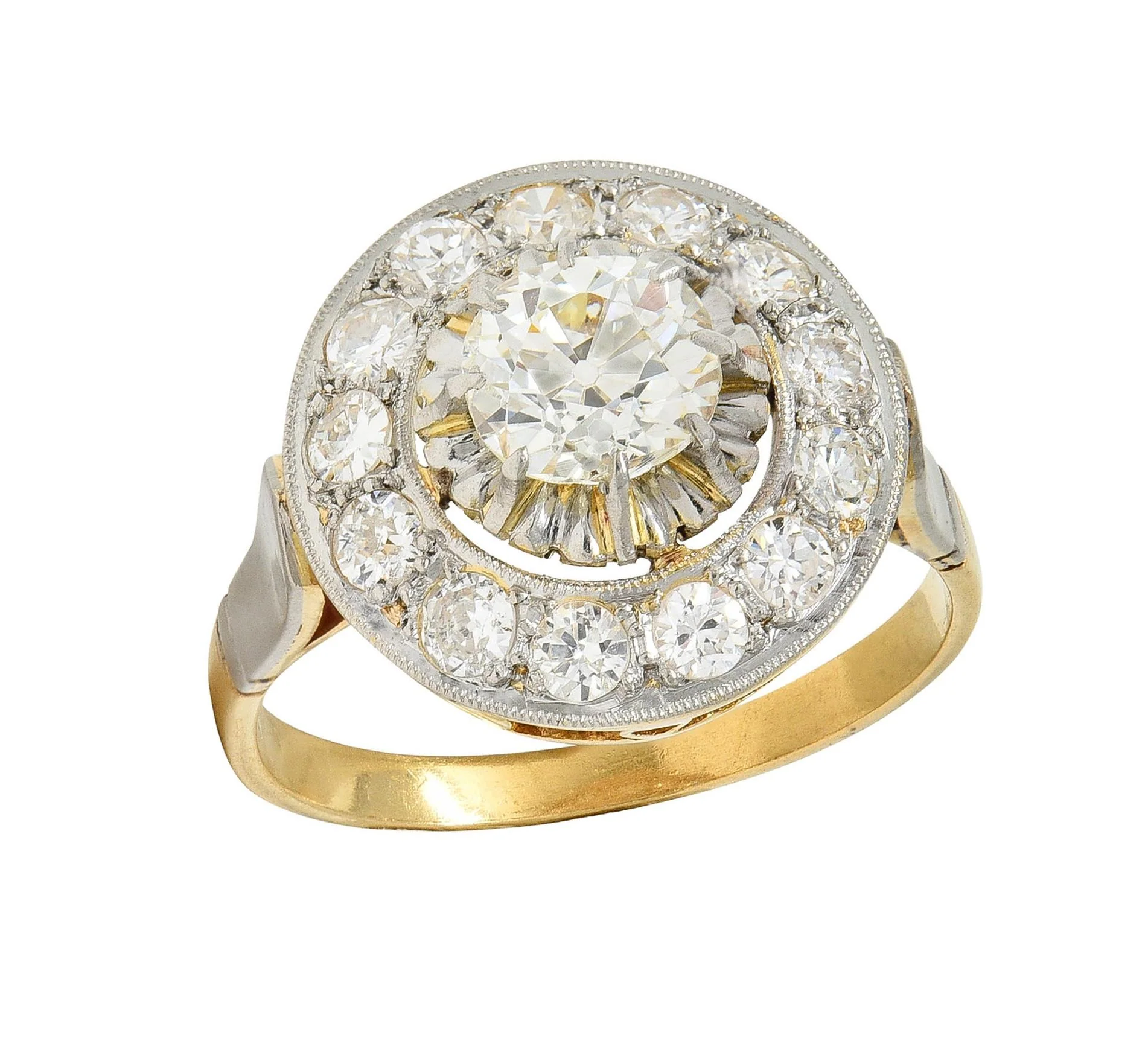 Art Deco 2.00 CTW Old Mine Cut Diamond Platinum 18 Karat Gold Vintage Halo Ring - Image 9