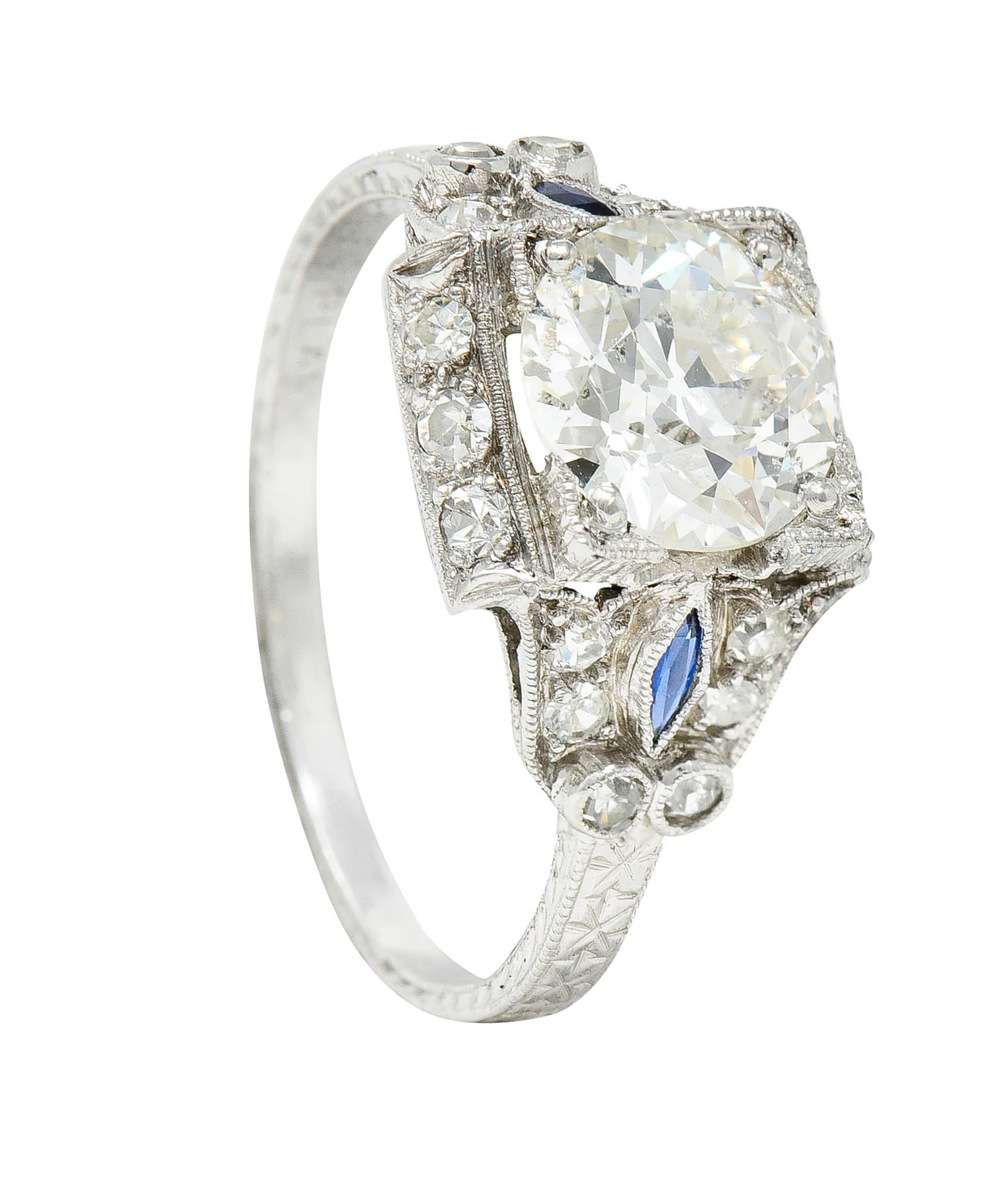 Art Deco 2.01 CTW Diamond Sapphire Platinum Vintage Engagement Ring - Image 12