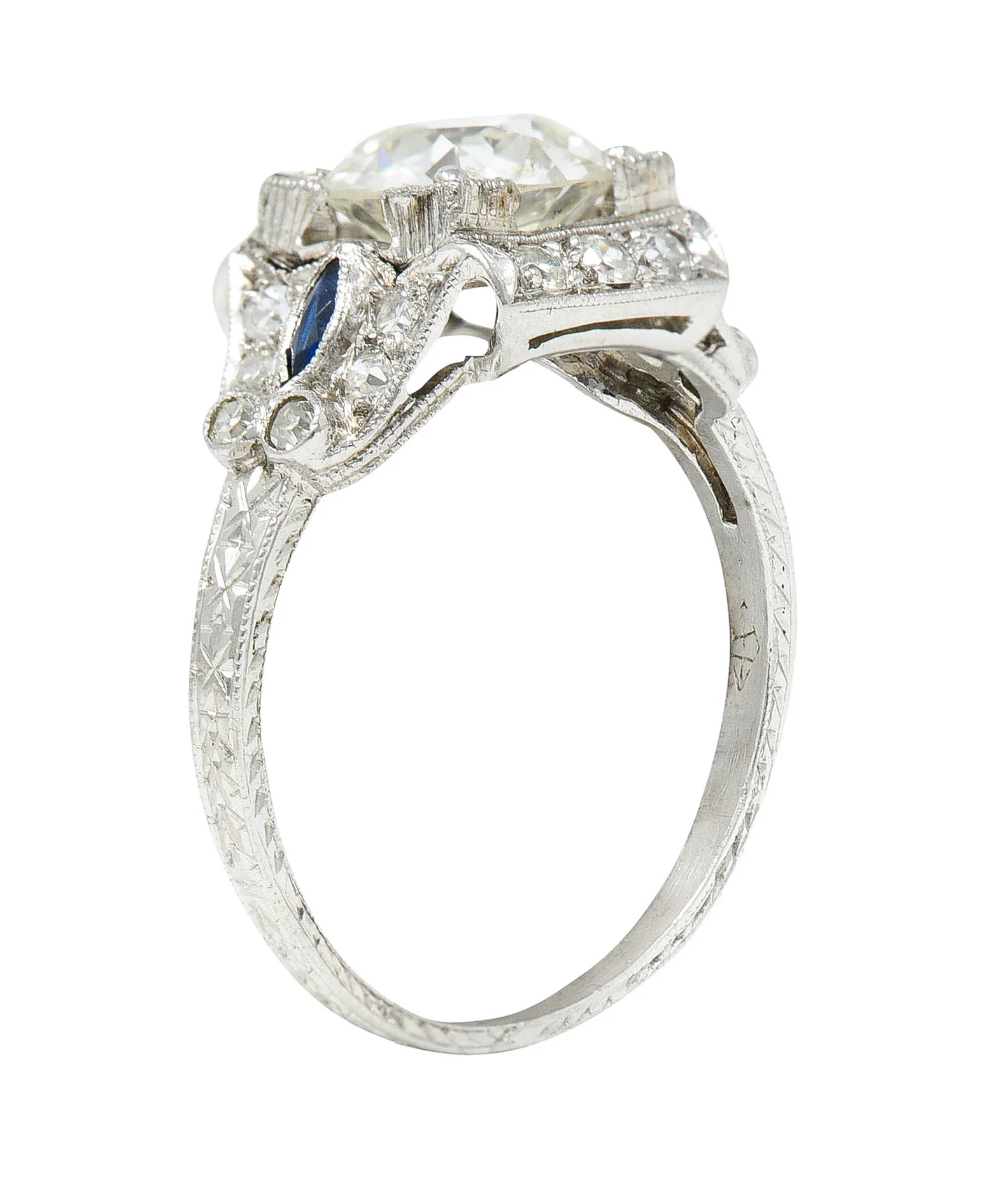 Art Deco 2.01 CTW Diamond Sapphire Platinum Vintage Engagement Ring - Image 2