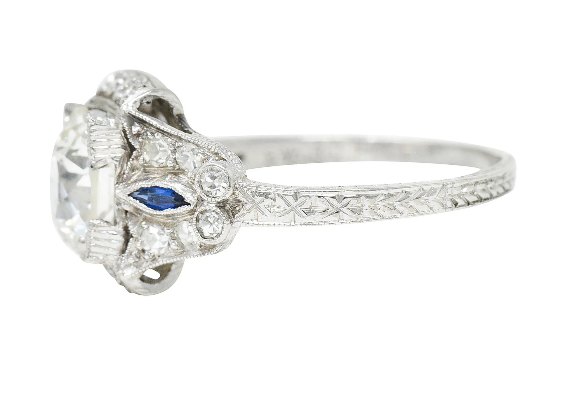 Art Deco 2.01 CTW Diamond Sapphire Platinum Vintage Engagement Ring - Image 6