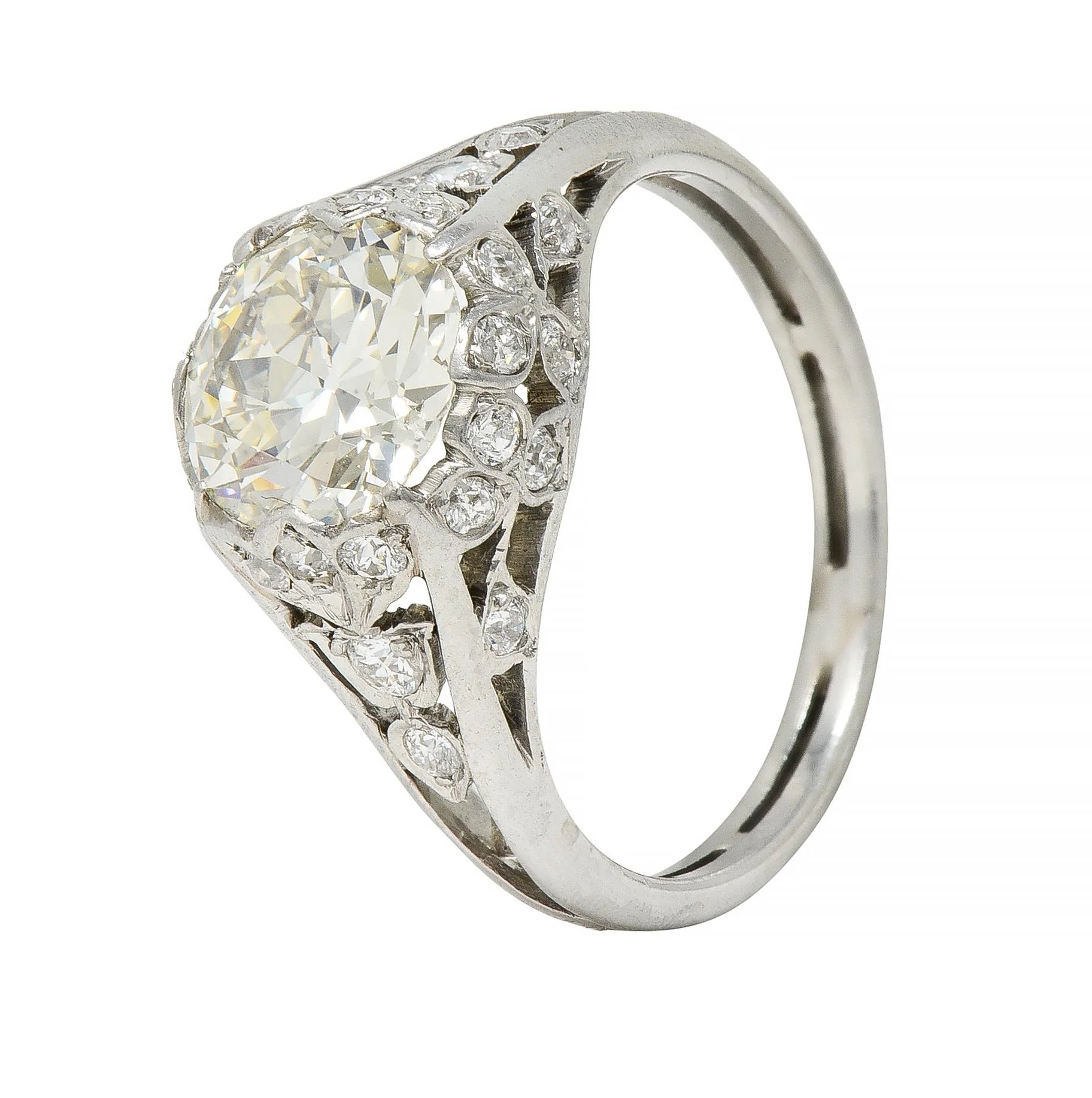 Art Deco 2.05 CTW Old European Cut Diamond Platinum Foliate Engagement Ring - Image 9