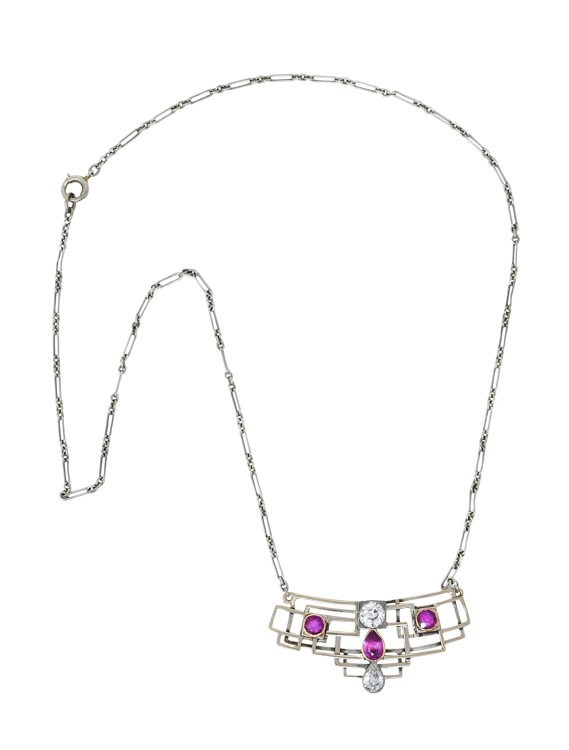 Art Deco 2.07 CTW Ruby Diamond 18 Karat Two-Tone Gold Geometric Station Necklace - Image 2