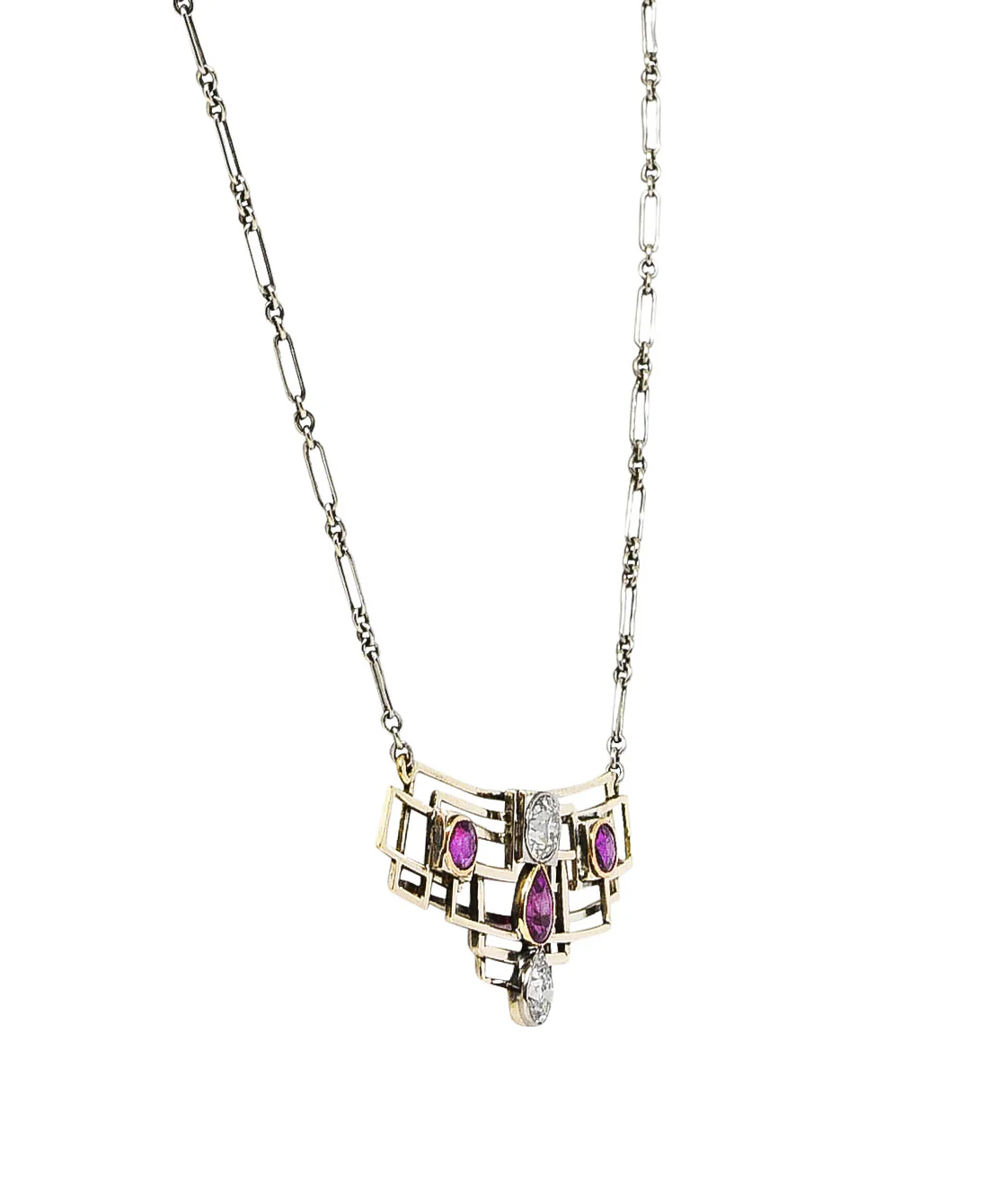 Art Deco 2.07 CTW Ruby Diamond 18 Karat Two-Tone Gold Geometric Station Necklace - Image 3