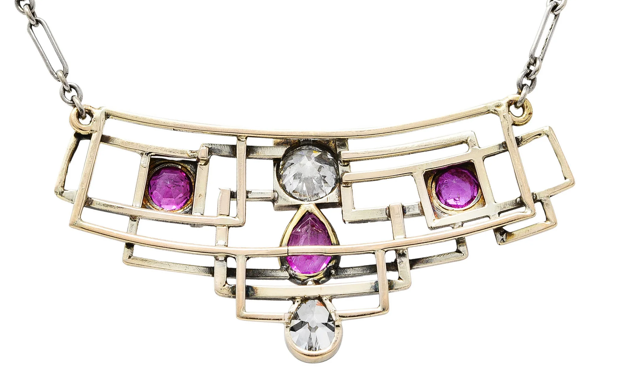 Art Deco 2.07 CTW Ruby Diamond 18 Karat Two-Tone Gold Geometric Station Necklace - Image 4