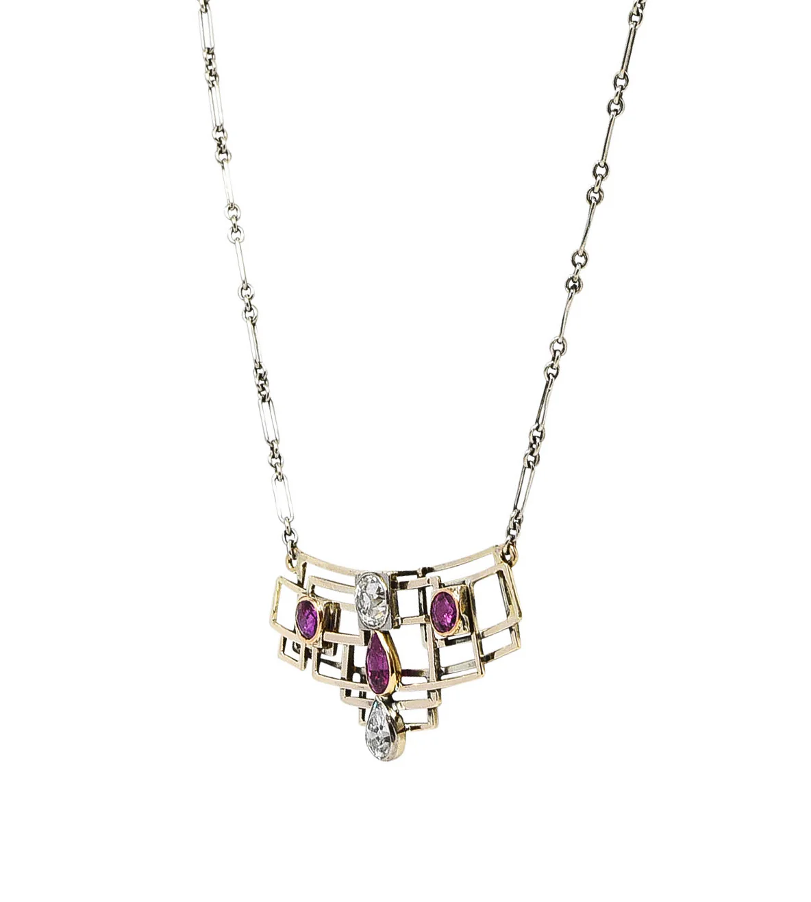 Art Deco 2.07 CTW Ruby Diamond 18 Karat Two-Tone Gold Geometric Station Necklace - Image 5