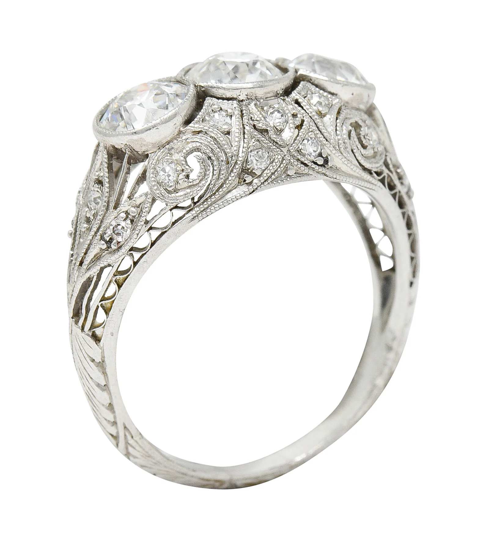 Art Deco 2.12 CTW Diamond Platinum Three Stone Bombe Band Ring - Image 2