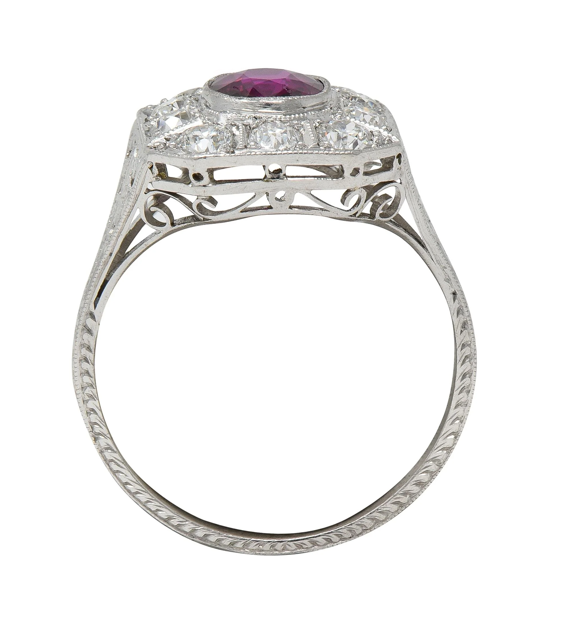 Art Deco 2.18 CTW No Heat Ruby Diamond Platinum Vintage Foliate Halo Ring GIA - Image 4
