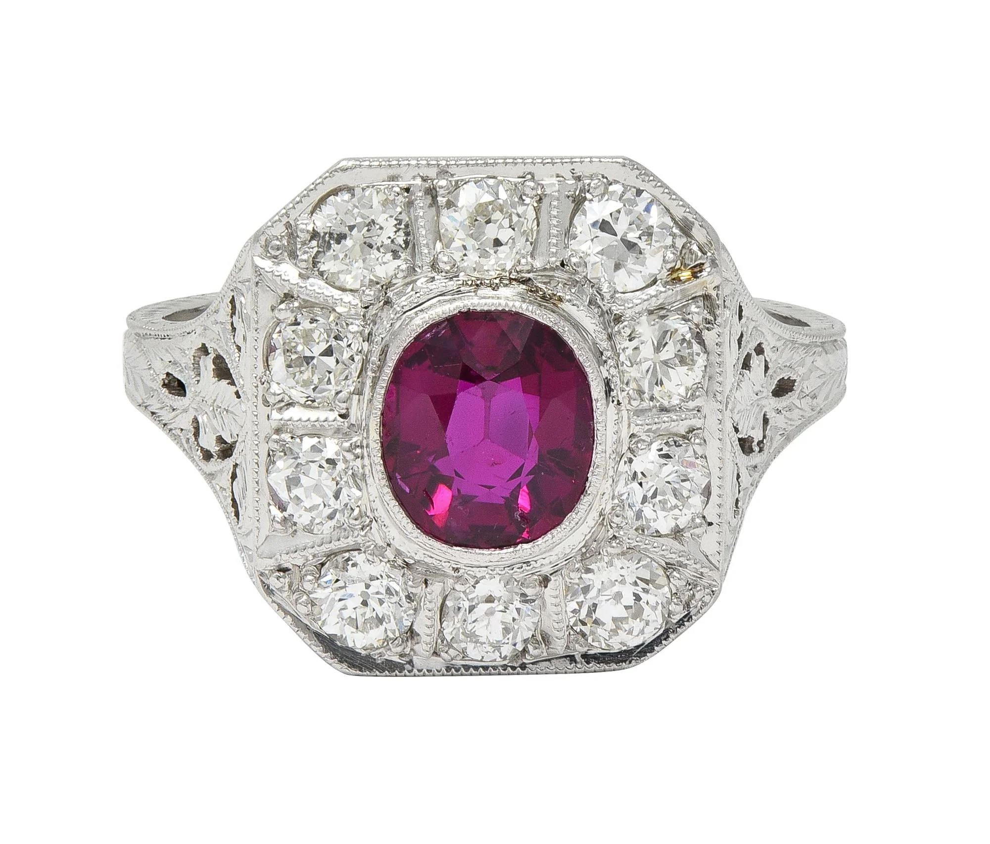 Art Deco 2.18 CTW No Heat Ruby Diamond Platinum Vintage Foliate Halo Ring GIA - Image 5