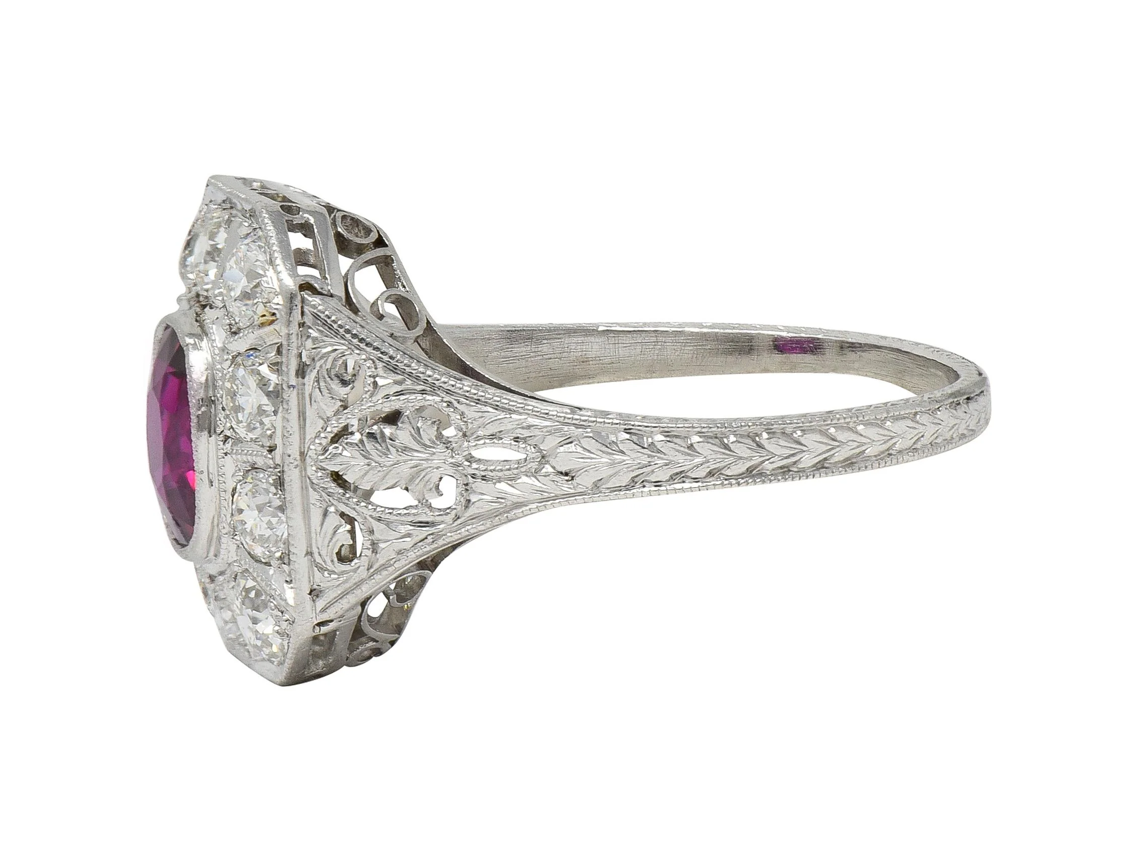 Art Deco 2.18 CTW No Heat Ruby Diamond Platinum Vintage Foliate Halo Ring GIA - Image 7