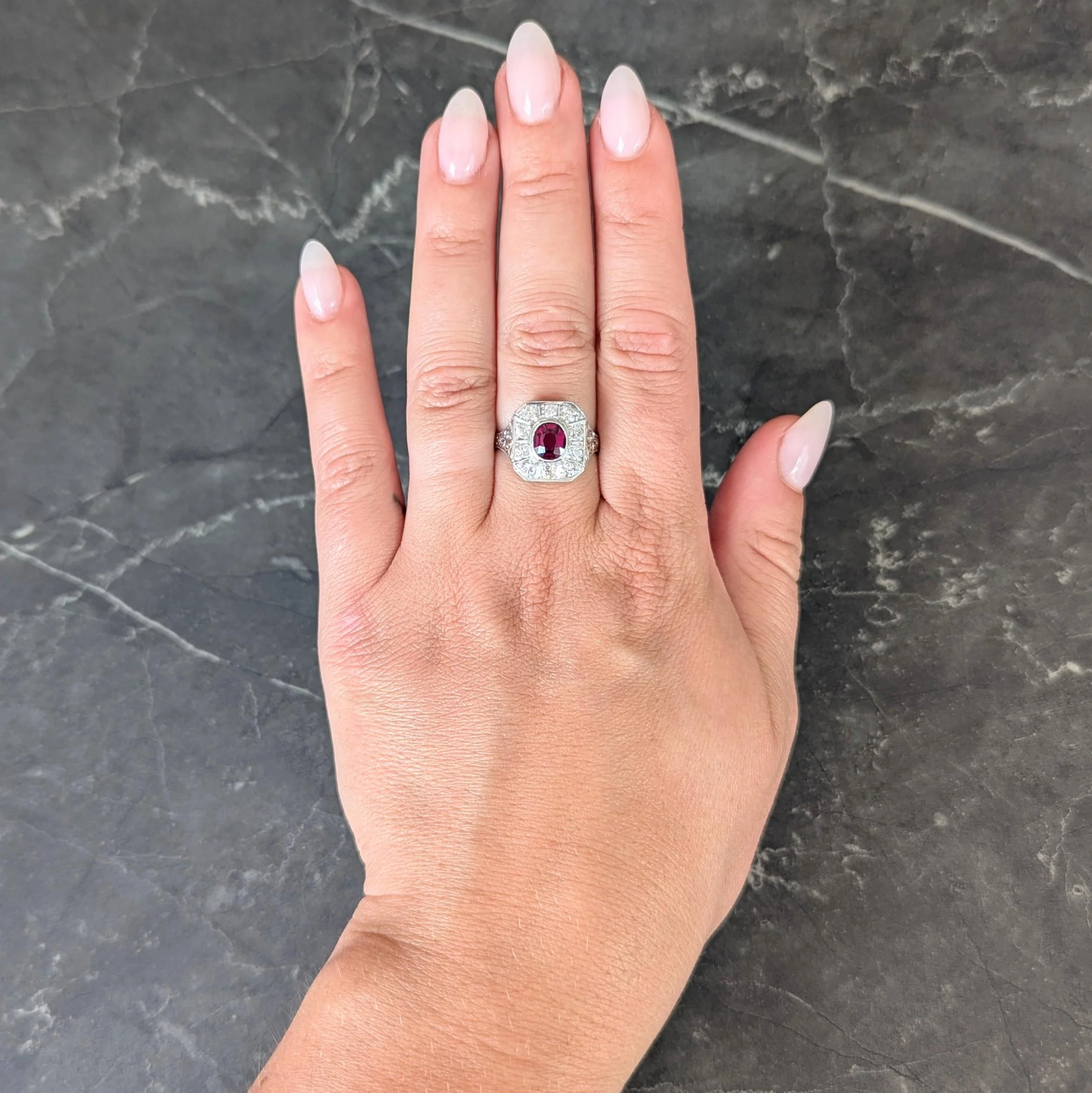 Art Deco 2.18 CTW No Heat Ruby Diamond Platinum Vintage Foliate Halo Ring GIA - Image 9