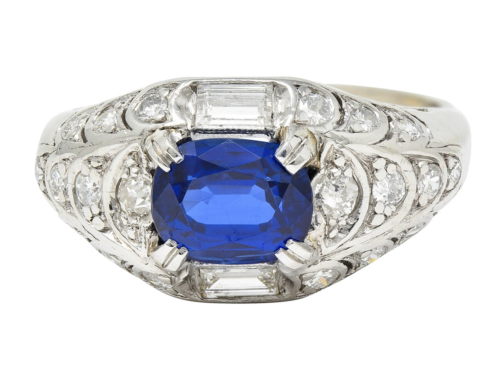 Art Deco 2.24 CTW No Heat Madagascar Sapphire Diamond Platinum Scalloped Ring