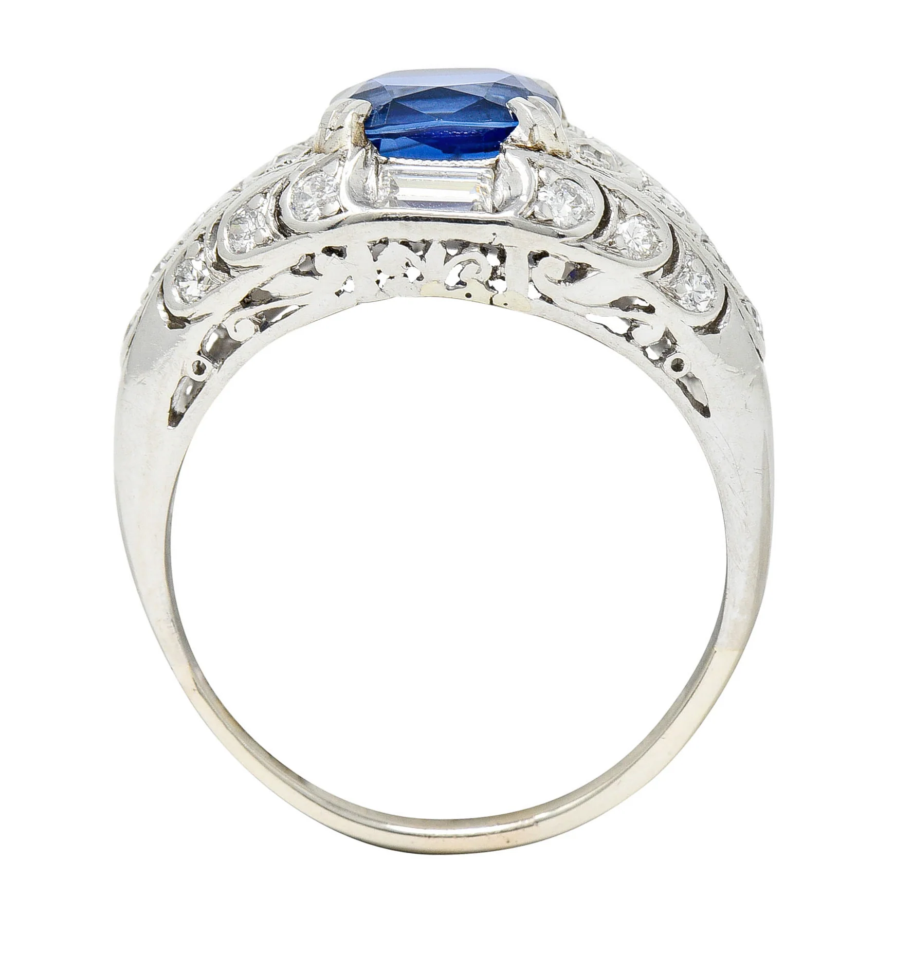 Art Deco 2.24 CTW No Heat Madagascar Sapphire Diamond Platinum Scalloped Ring - Image 10