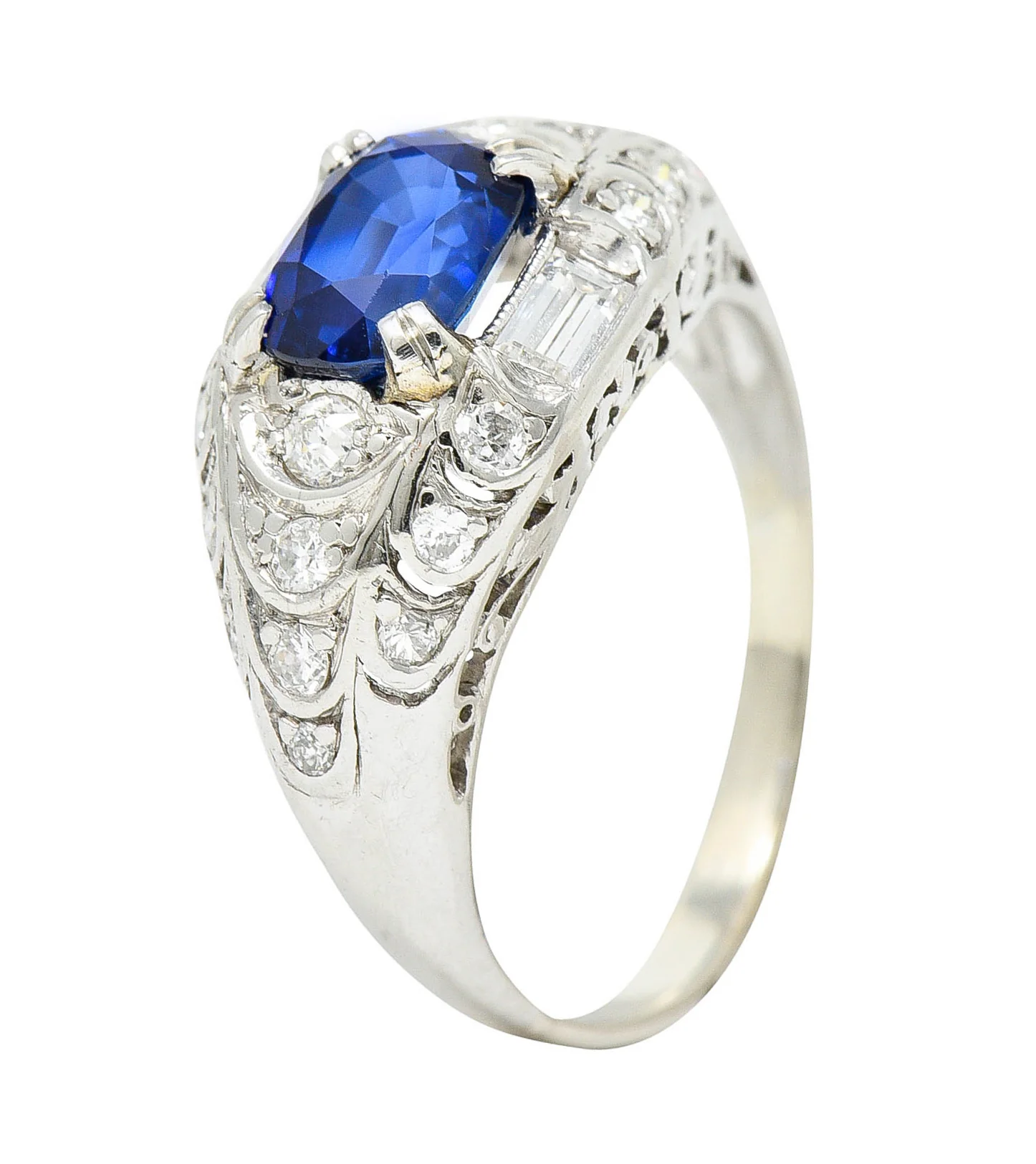 Art Deco 2.24 CTW No Heat Madagascar Sapphire Diamond Platinum Scalloped Ring - Image 11