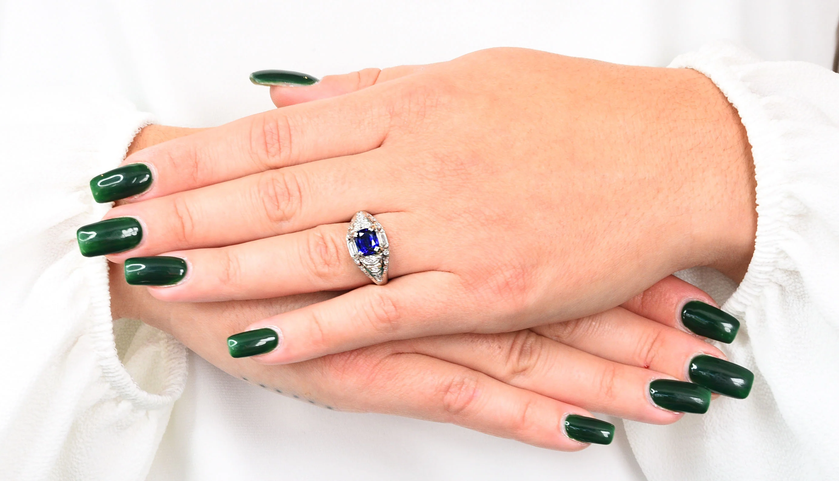 Art Deco 2.24 CTW No Heat Madagascar Sapphire Diamond Platinum Scalloped Ring - Image 12