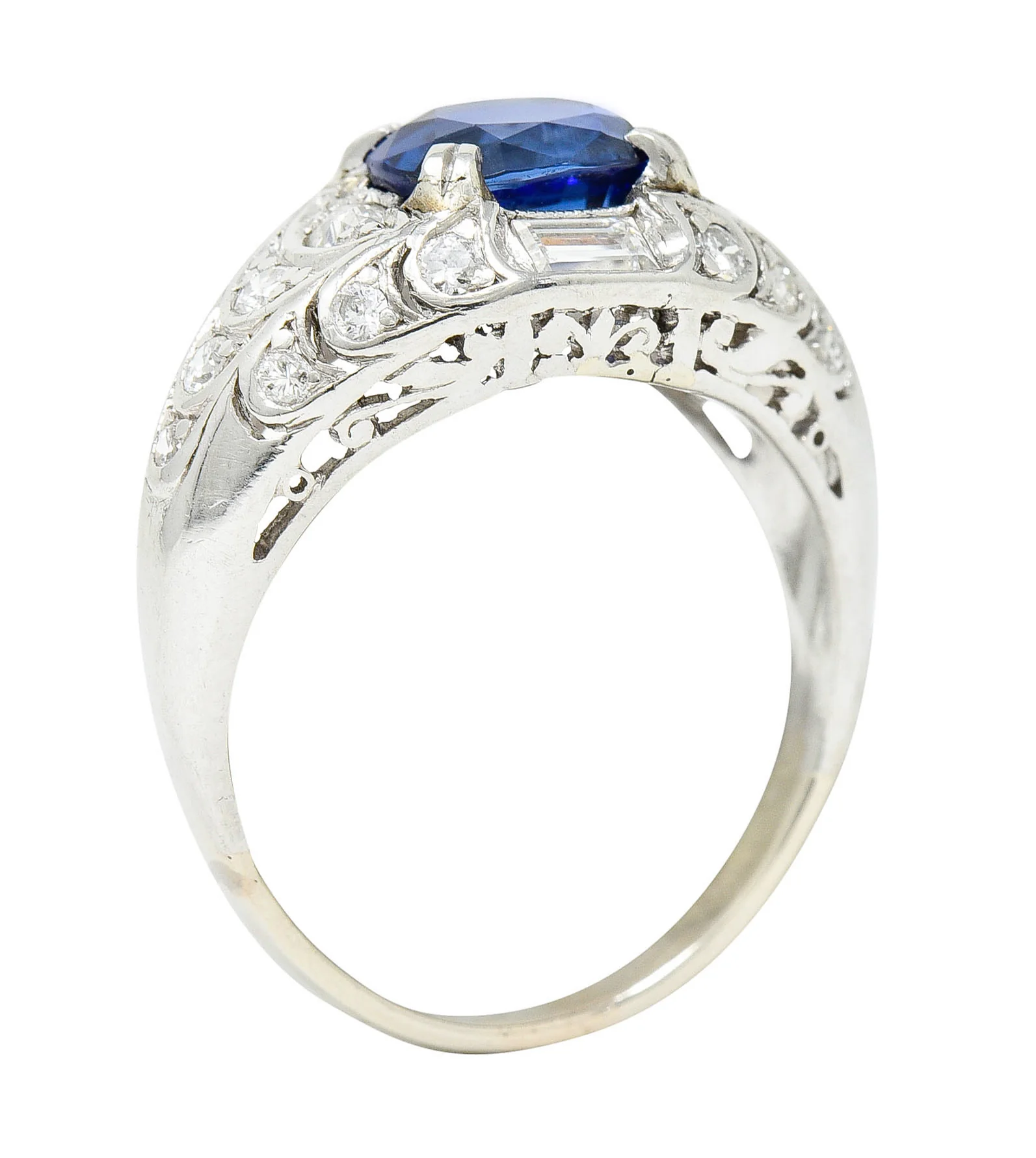 Art Deco 2.24 CTW No Heat Madagascar Sapphire Diamond Platinum Scalloped Ring - Image 2